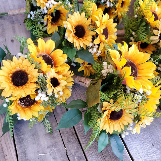 Silk Sunflower Wedding Bouquet with Baby's Breath, Sunflower Wedding Flowers, Bridal or Bridesmaid Bouquet