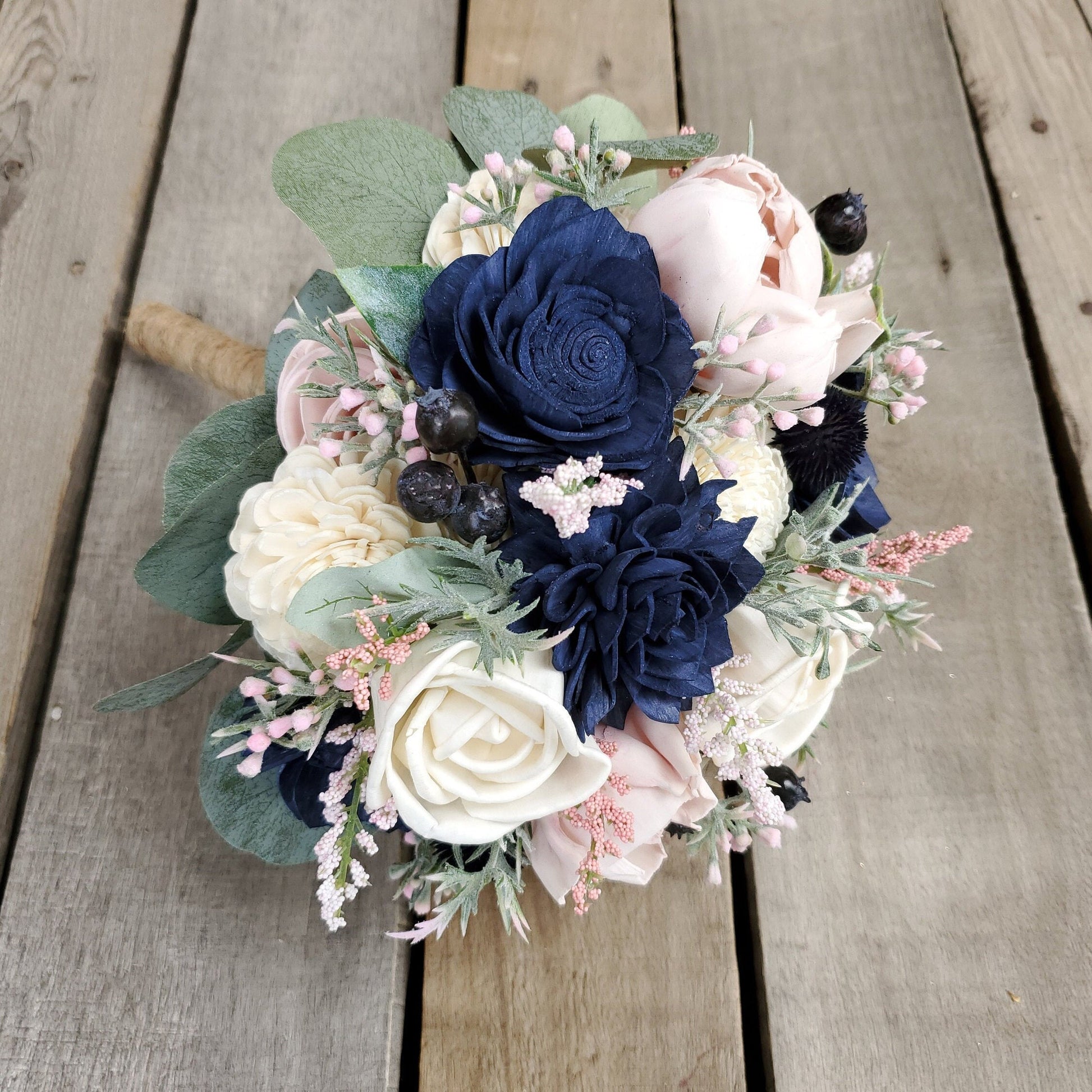 Wood Flower Bouquet, Navy & Blush Bouquet, Wooden Flower Bouquet, Blush Wedding Bouquet, Wood Bridal Bouquet, Sola Wood Flowers