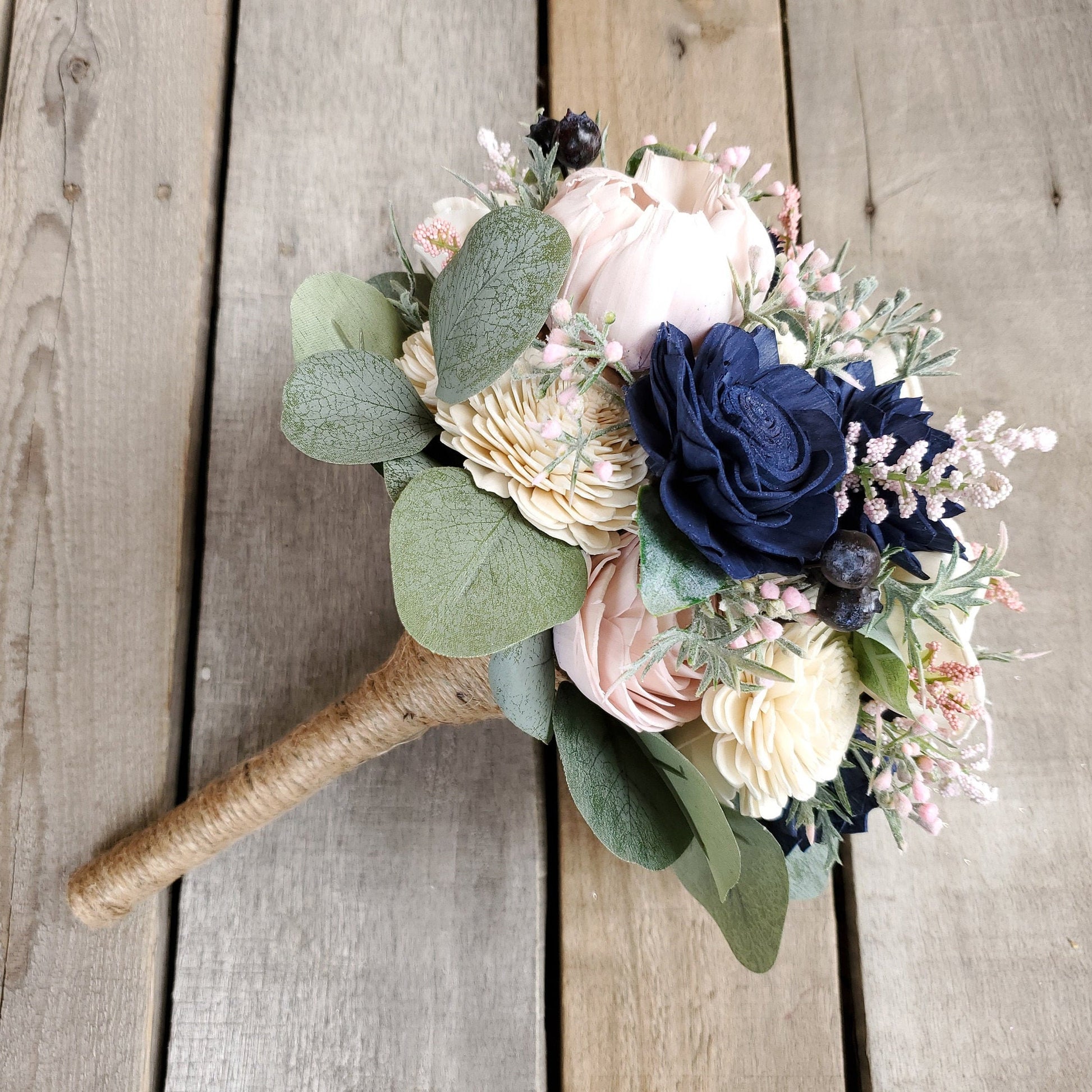 Wood Flower Bouquet, Navy & Blush Bouquet, Wooden Flower Bouquet, Blush Wedding Bouquet, Wood Bridal Bouquet, Sola Wood Flowers
