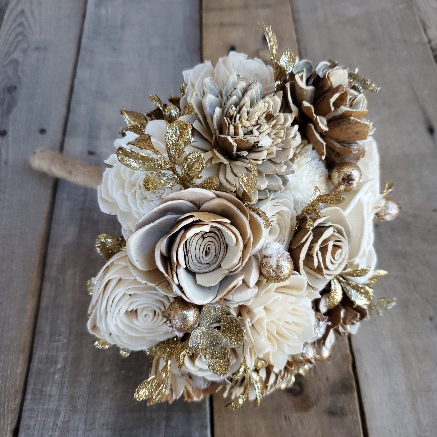 Gold Wood Flower Bridal Bouquet, Quinceanera Bouquet, Wedding Bouquet, Flowers for Bride or Bridesmaid