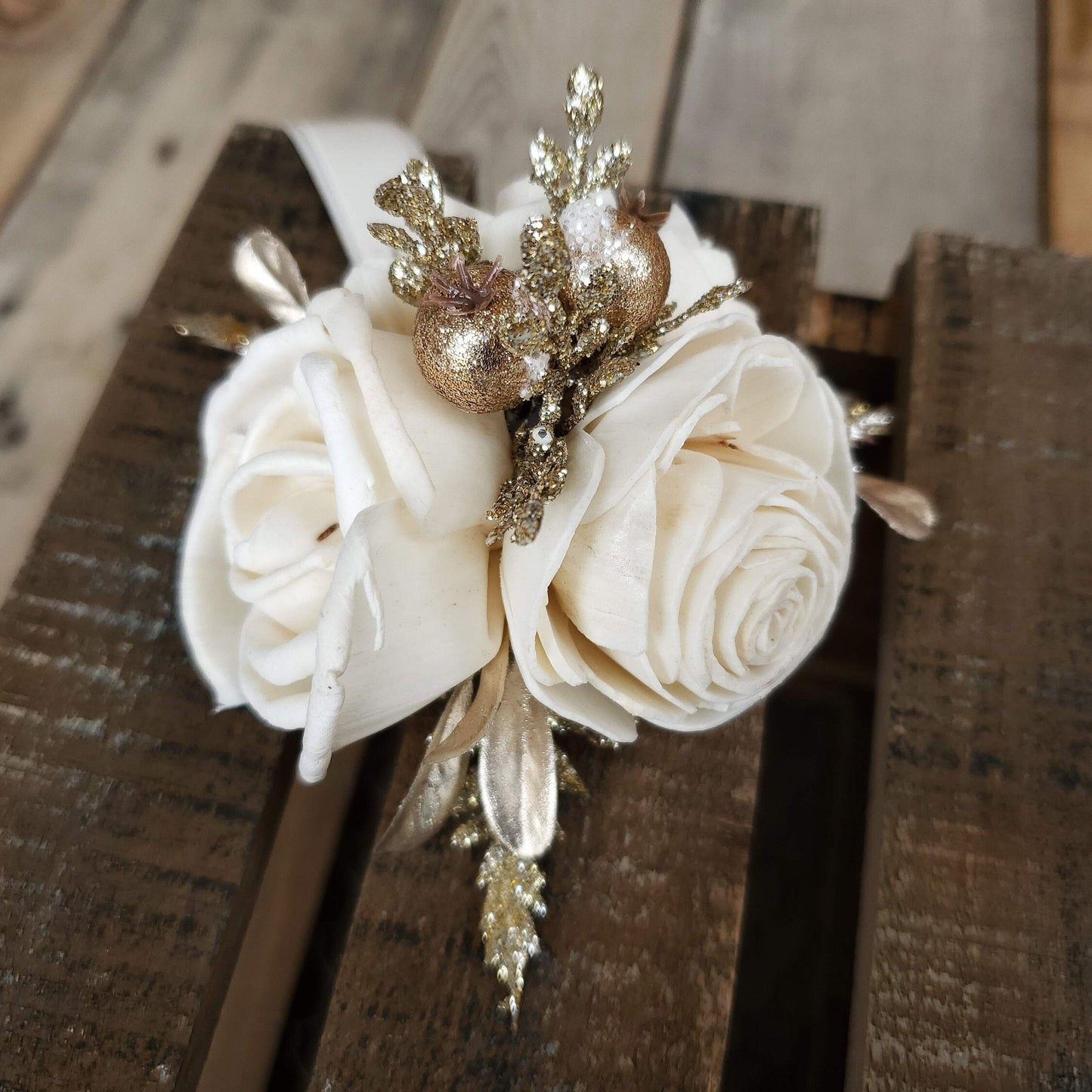 Gold Glitter Wrist or Pinned Corsage made with Sola Wood Flowers, Color Options Available