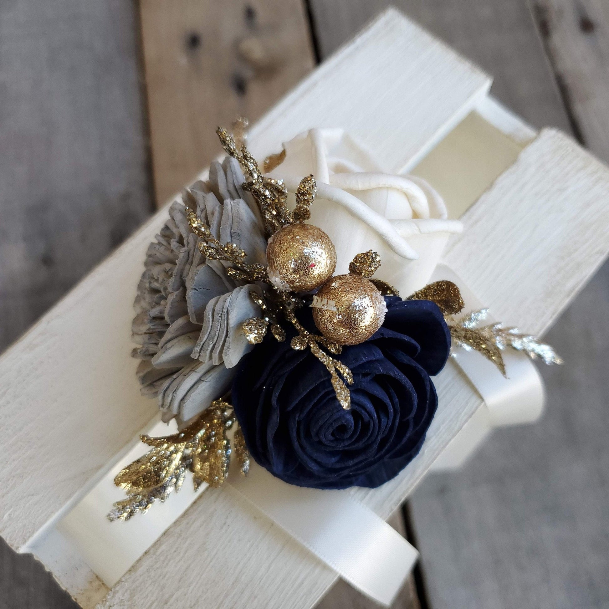 Gold Glitter Wrist or Pinned Corsage made with Sola Wood Flowers, Color Options Available
