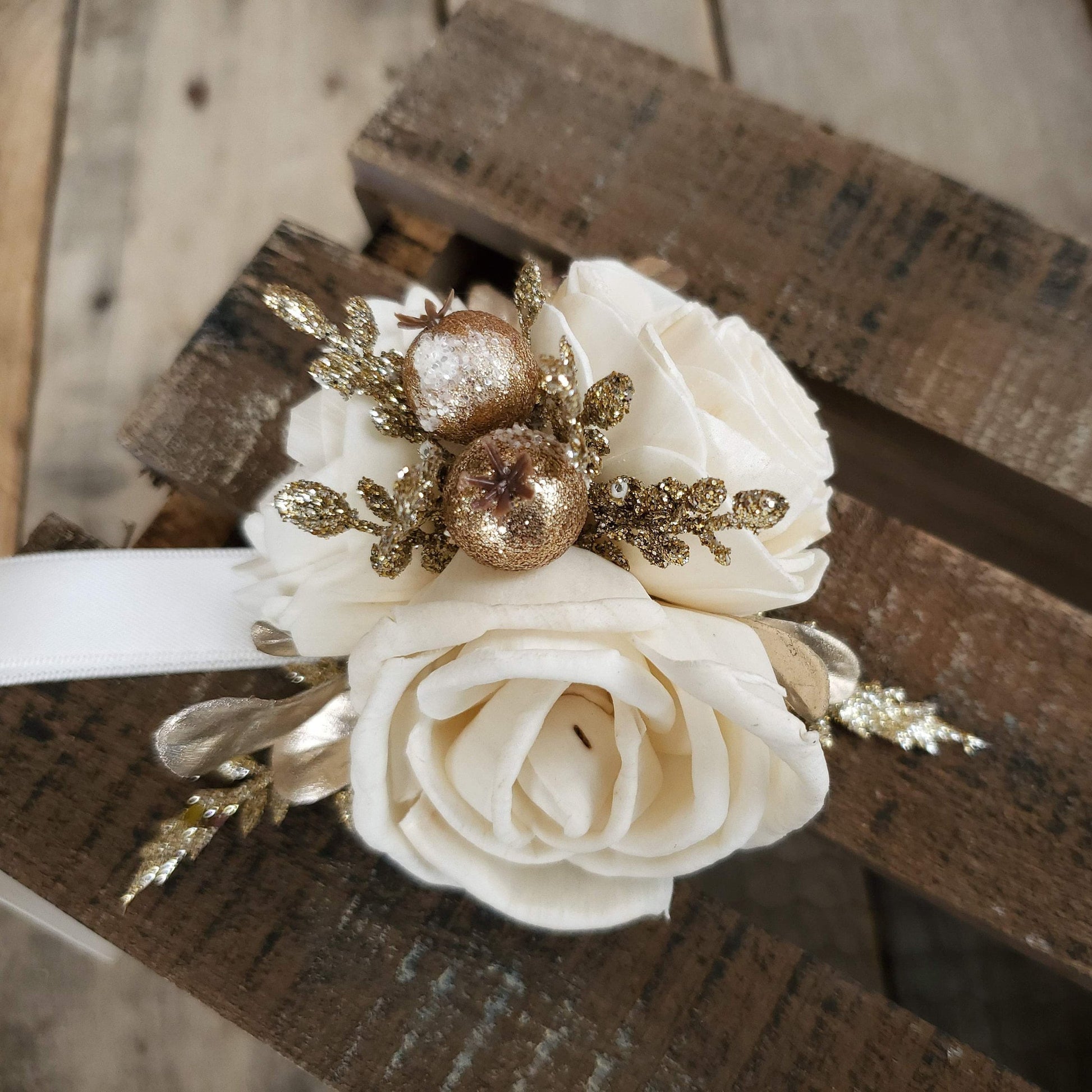 Gold Glitter Wrist or Pinned Corsage made with Sola Wood Flowers, Color Options Available