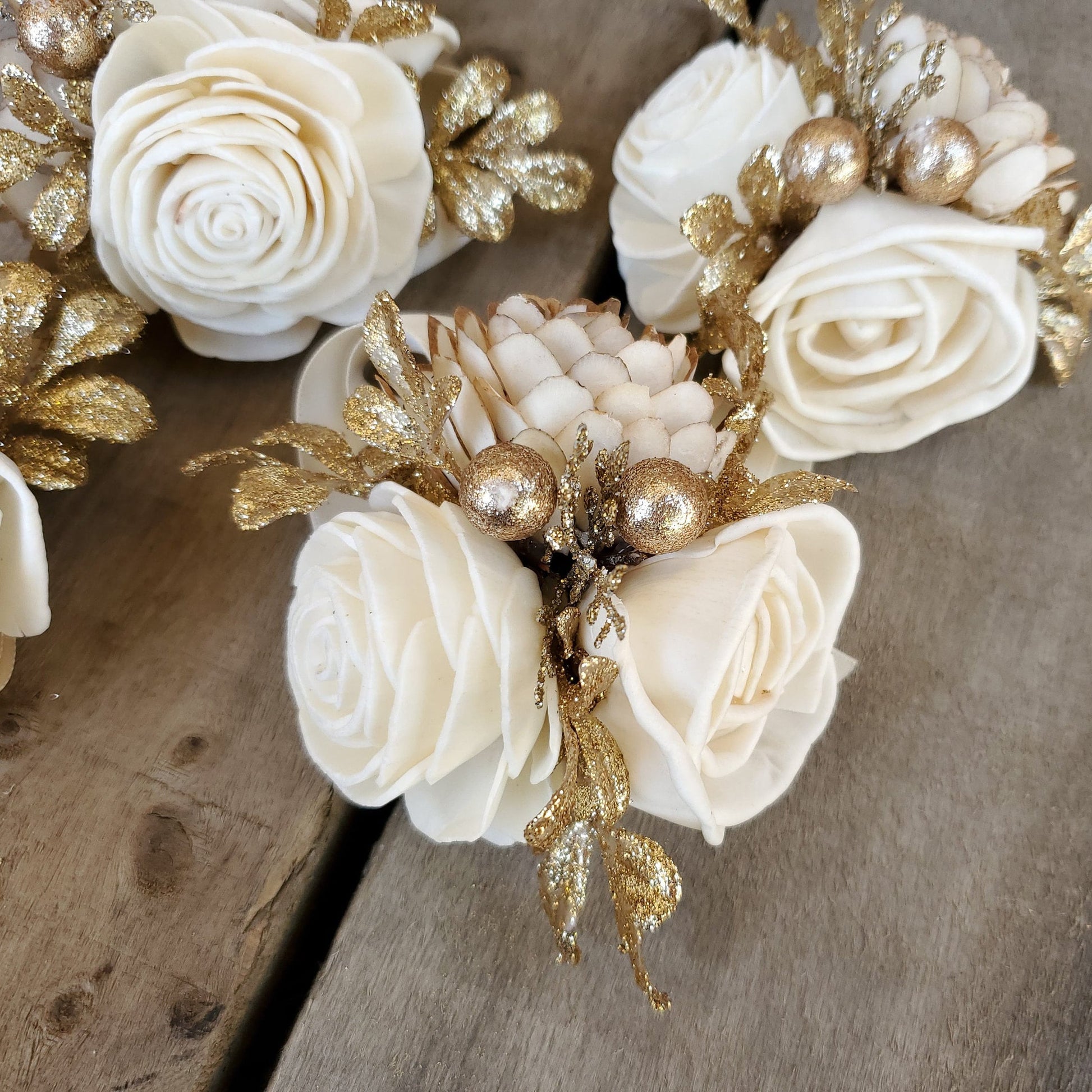 Gold Glitter Wrist or Pinned Corsage made with Sola Wood Flowers, Color Options Available