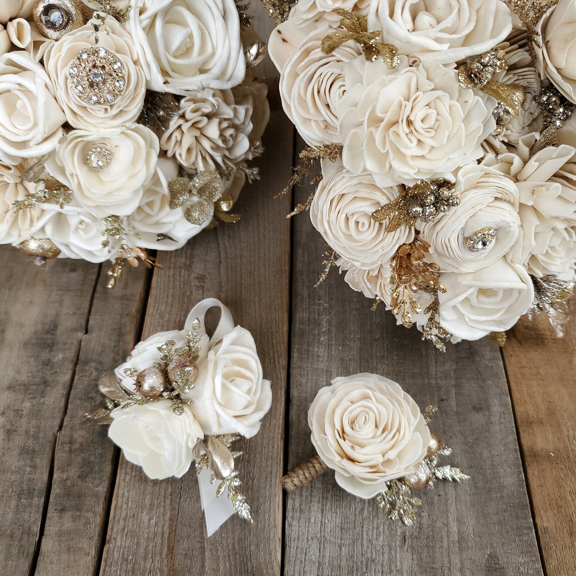 Gold Glitter Wrist or Pinned Corsage made with Sola Wood Flowers, Color Options Available
