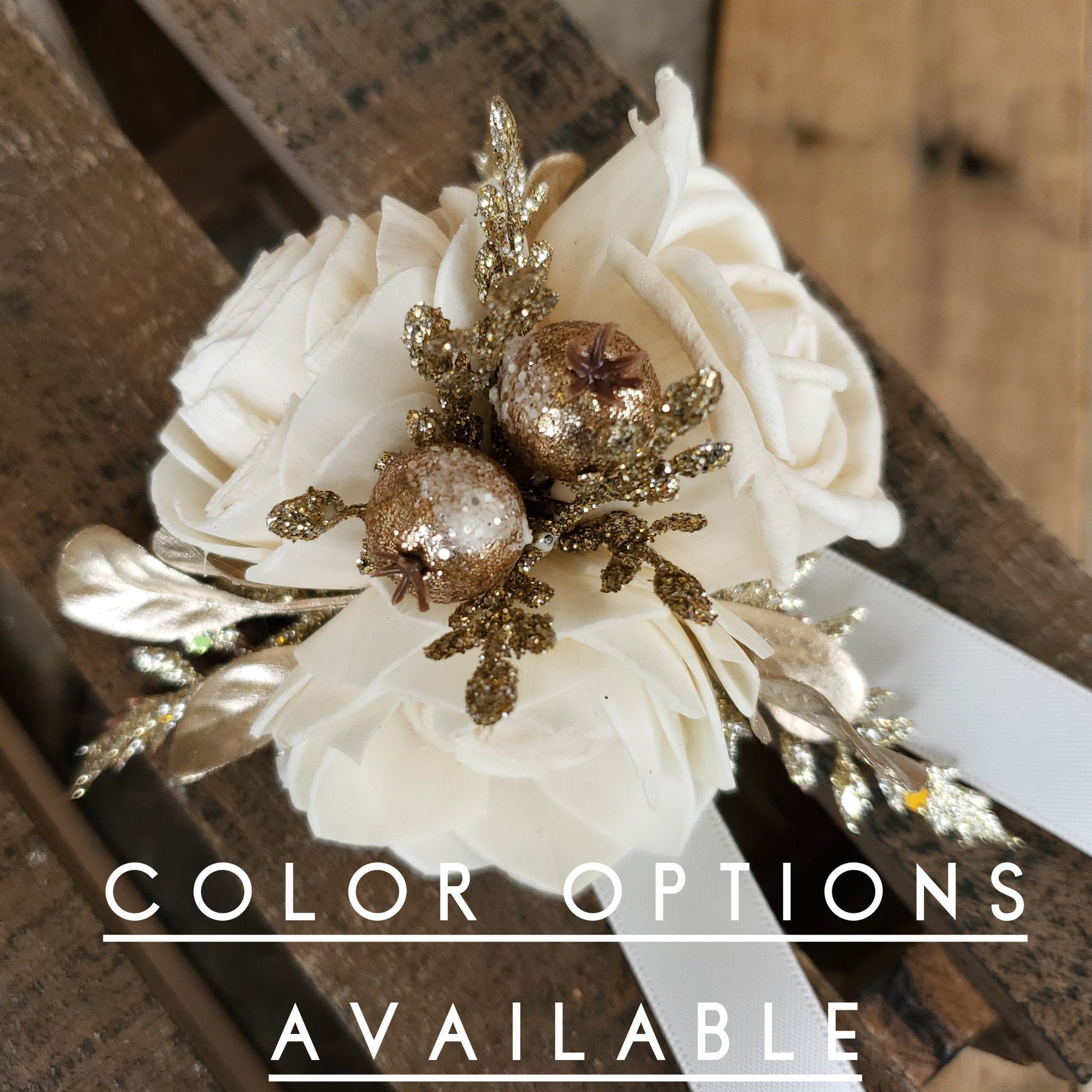 Gold Glitter Wrist or Pinned Corsage made with Sola Wood Flowers, Color Options Available