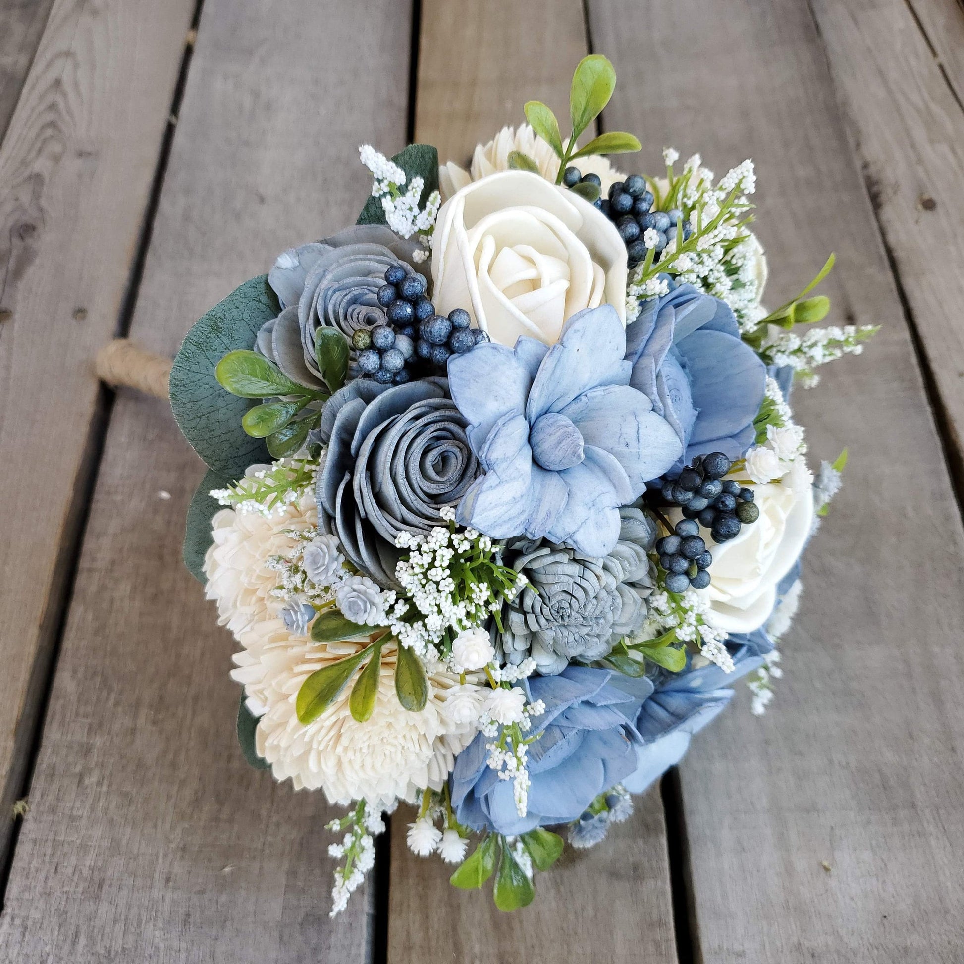 Dusty Blue Wood Flower Bouquet, Slate Blue Bridal Bouquet, Wooden Wedding Flowers, Bridesmaid Bouquet