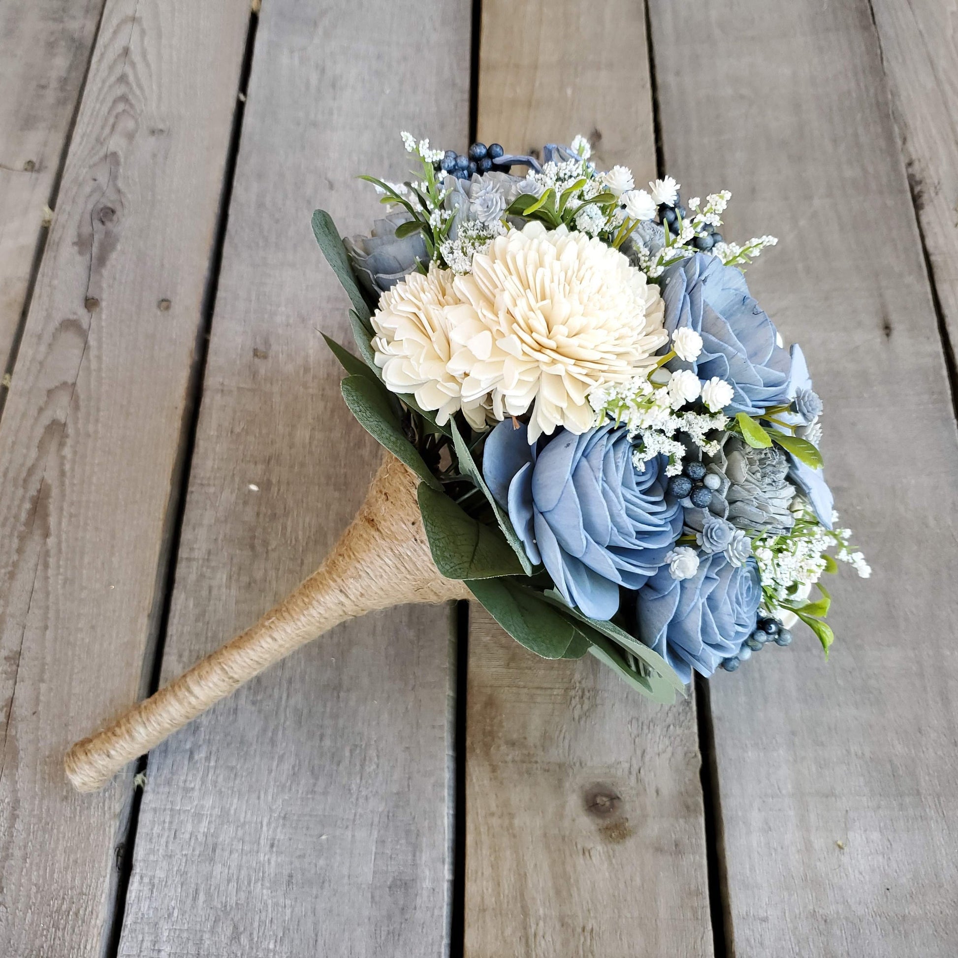 Dusty Blue Wood Flower Bouquet, Slate Blue Bridal Bouquet, Wooden Wedding Flowers, Bridesmaid Bouquet