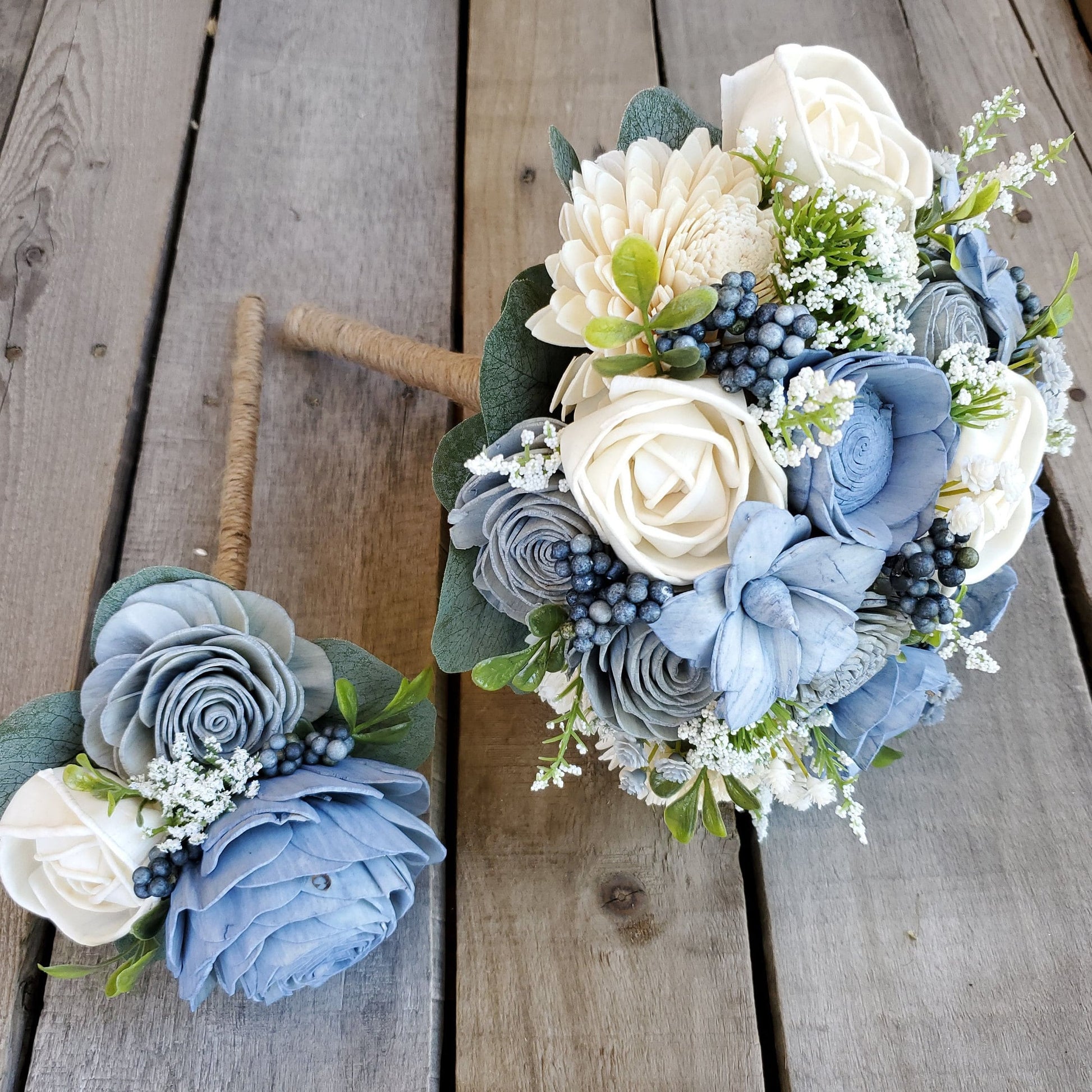 Dusty Blue Wood Flower Bouquet, Slate Blue Bridal Bouquet, Wooden Wedding Flowers, Bridesmaid Bouquet