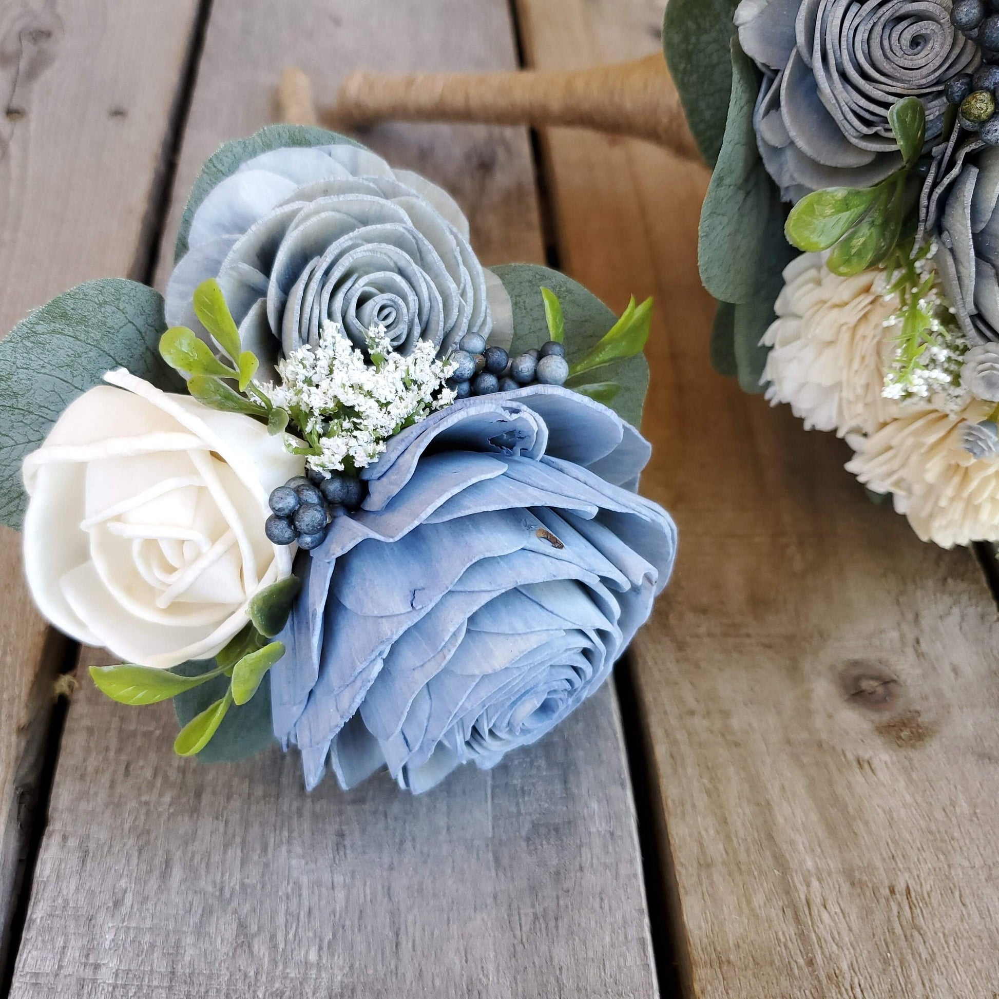 Dusty Blue Wood Flower Bouquet, Slate Blue Bridal Bouquet, Wooden Wedding Flowers, Bridesmaid Bouquet