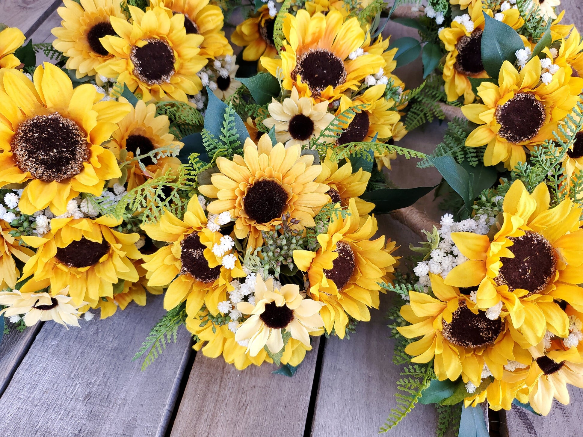 Silk Sunflower Wedding Bouquet with Baby's Breath, Sunflower Wedding Flowers, Bridal or Bridesmaid Bouquet