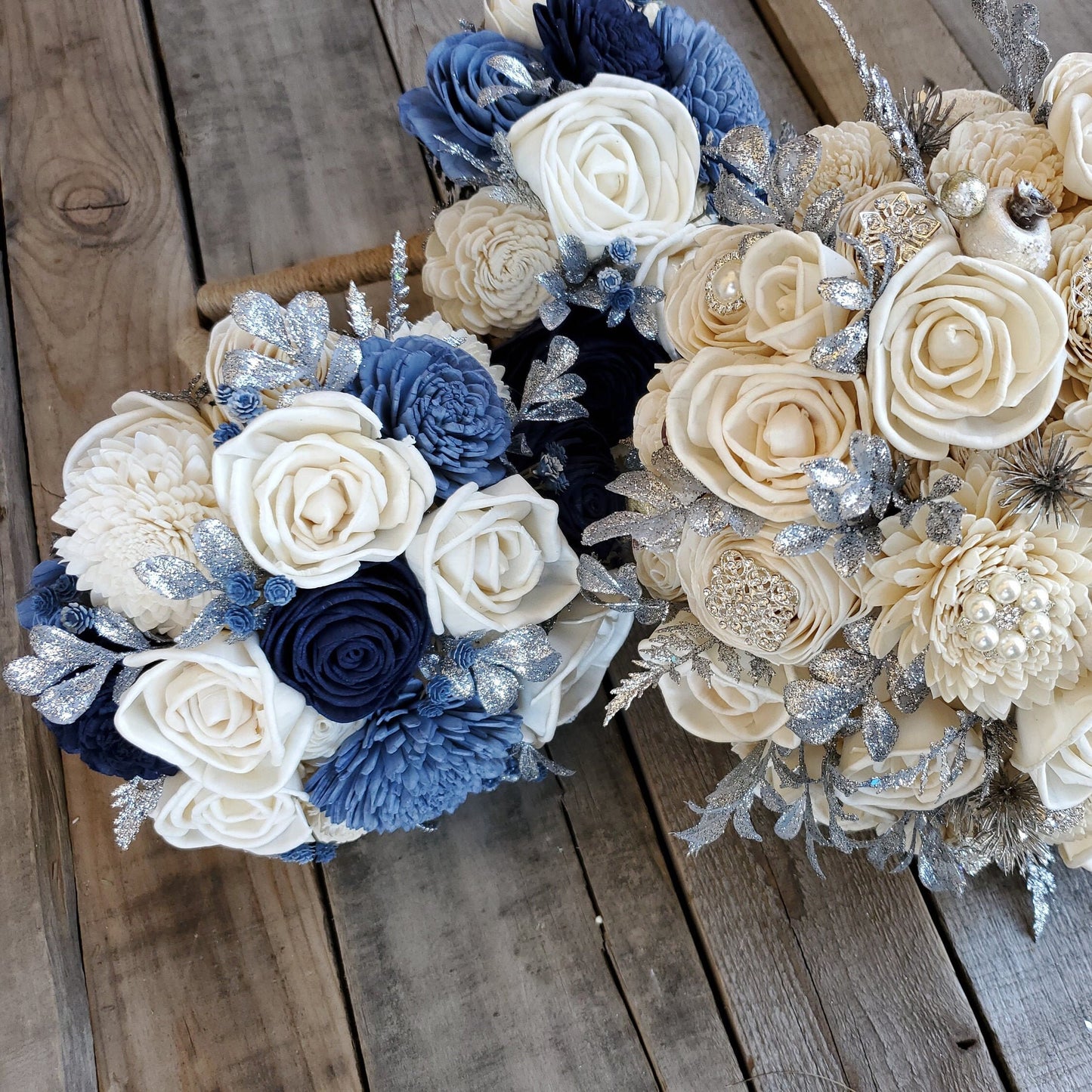 Silver Wood Flower Bridesmaid Bouquet, Wooden Bouquet for Flower Girl, Lavender Wedding Flowers, Silver Bridal Bouquet