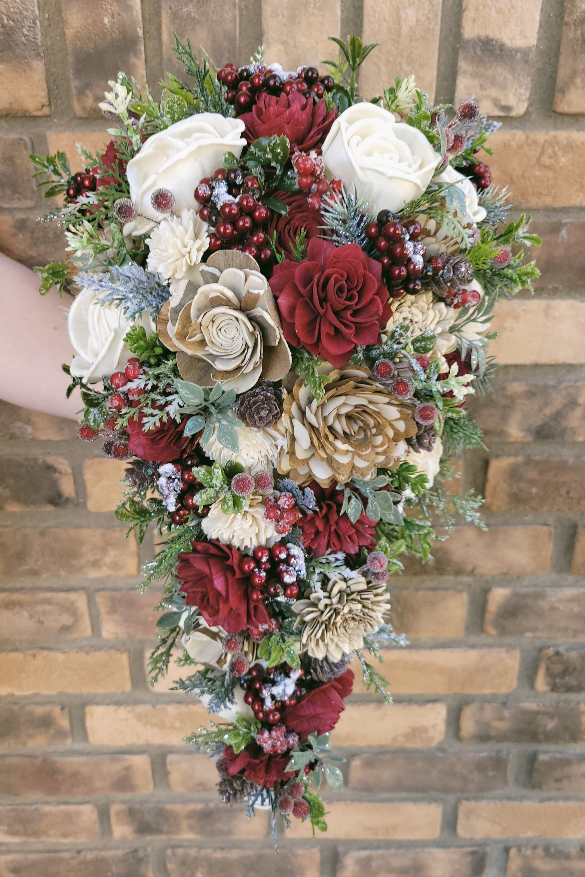 Sola Wood Flowers, Christmas Wedding Bouquet, Wood Flower Bouquet, Winter Bridal Bouquet, Burgundy Wooden Flower Bouquet