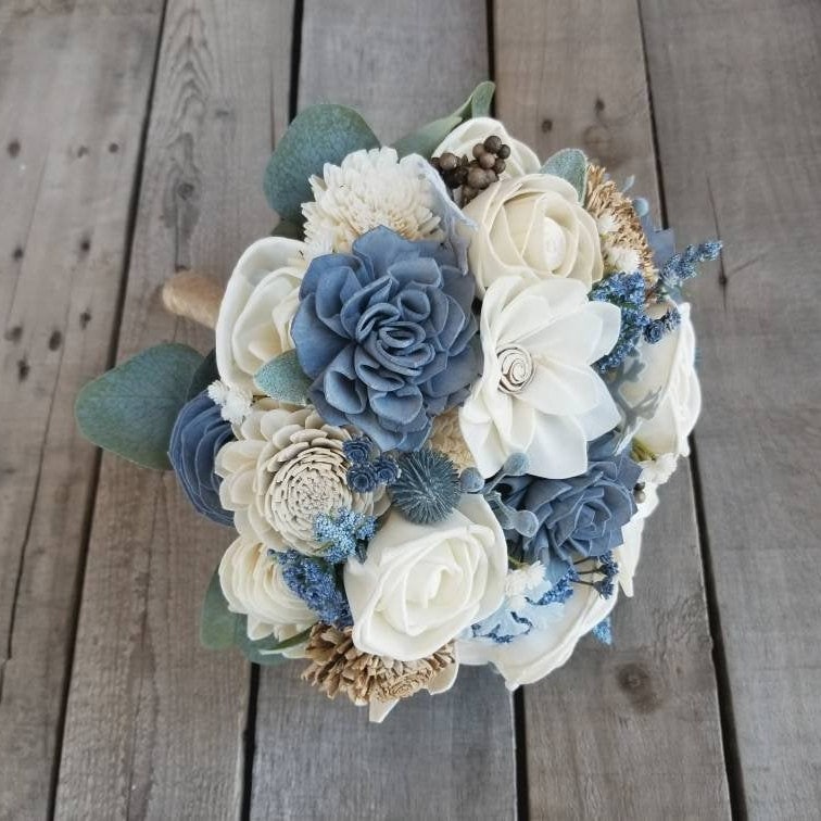 Dusty Blue Sola Wood Flower Wedding Bouquet: Dusty Blue, Bark, and Cream Wood Flowers for Bride