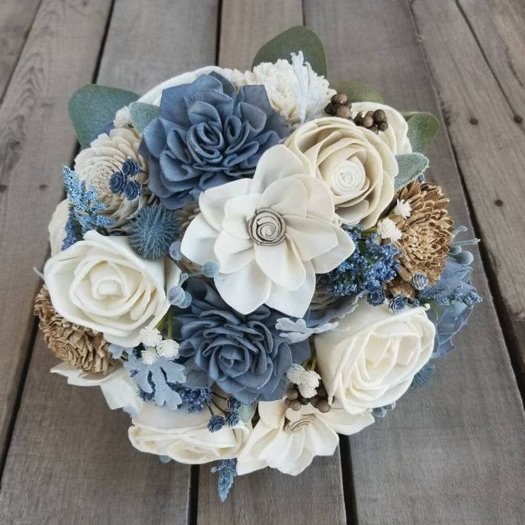 Dusty Blue Sola Wood Flower Wedding Bouquet: Dusty Blue, Bark, and Cream Wood Flowers for Bride