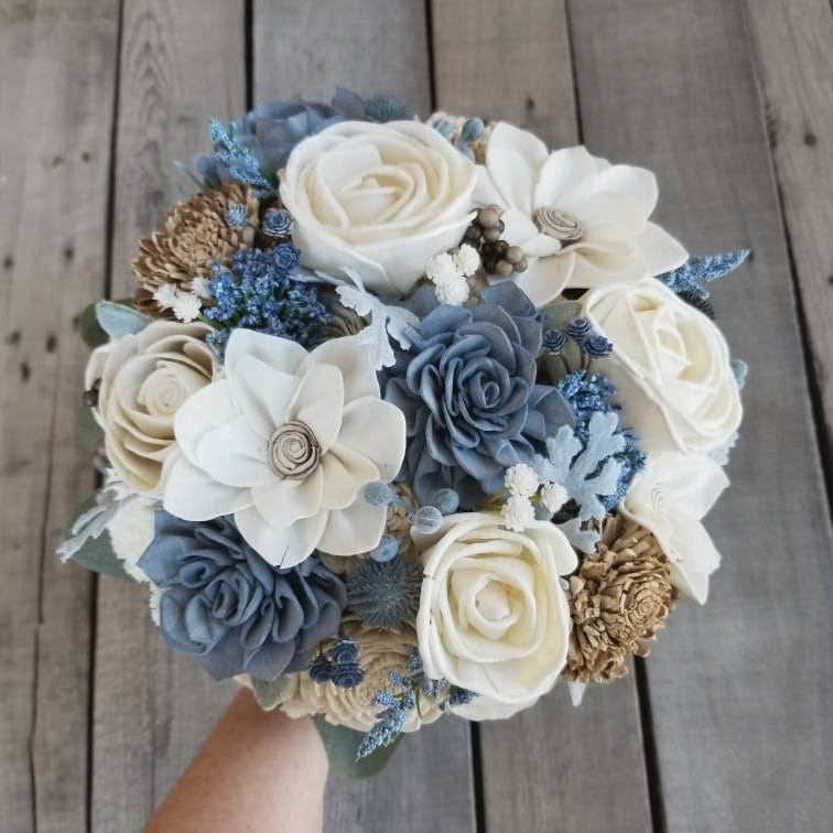 Dusty Blue Sola Wood Flower Wedding Bouquet: Dusty Blue, Bark, and Cream Wood Flowers for Bride