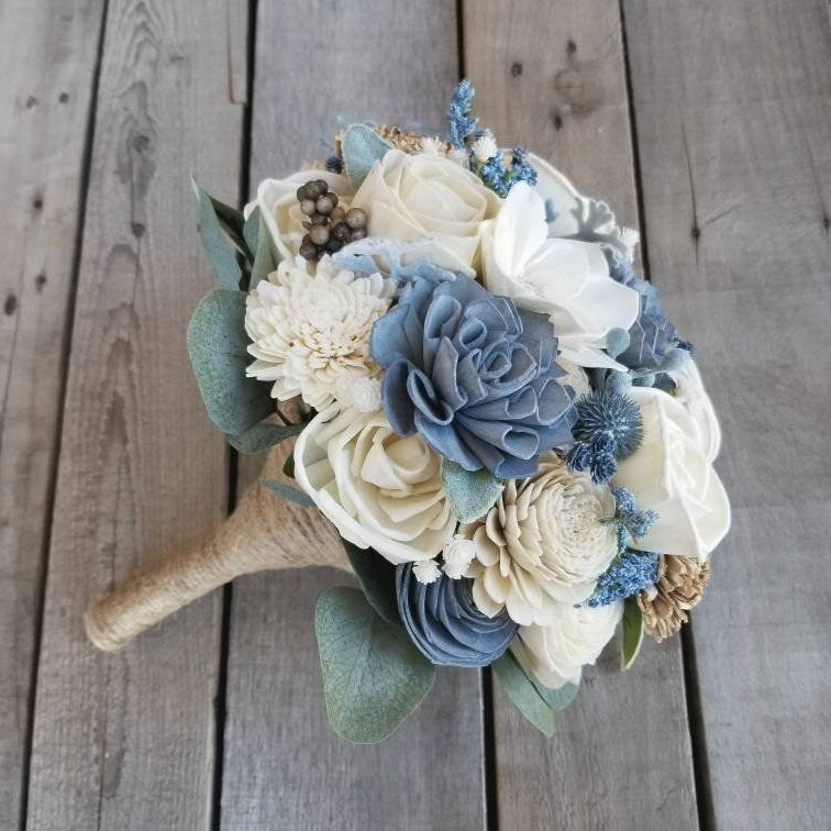 Dusty Blue Sola Wood Flower Wedding Bouquet: Dusty Blue, Bark, and Cream Wood Flowers for Bride