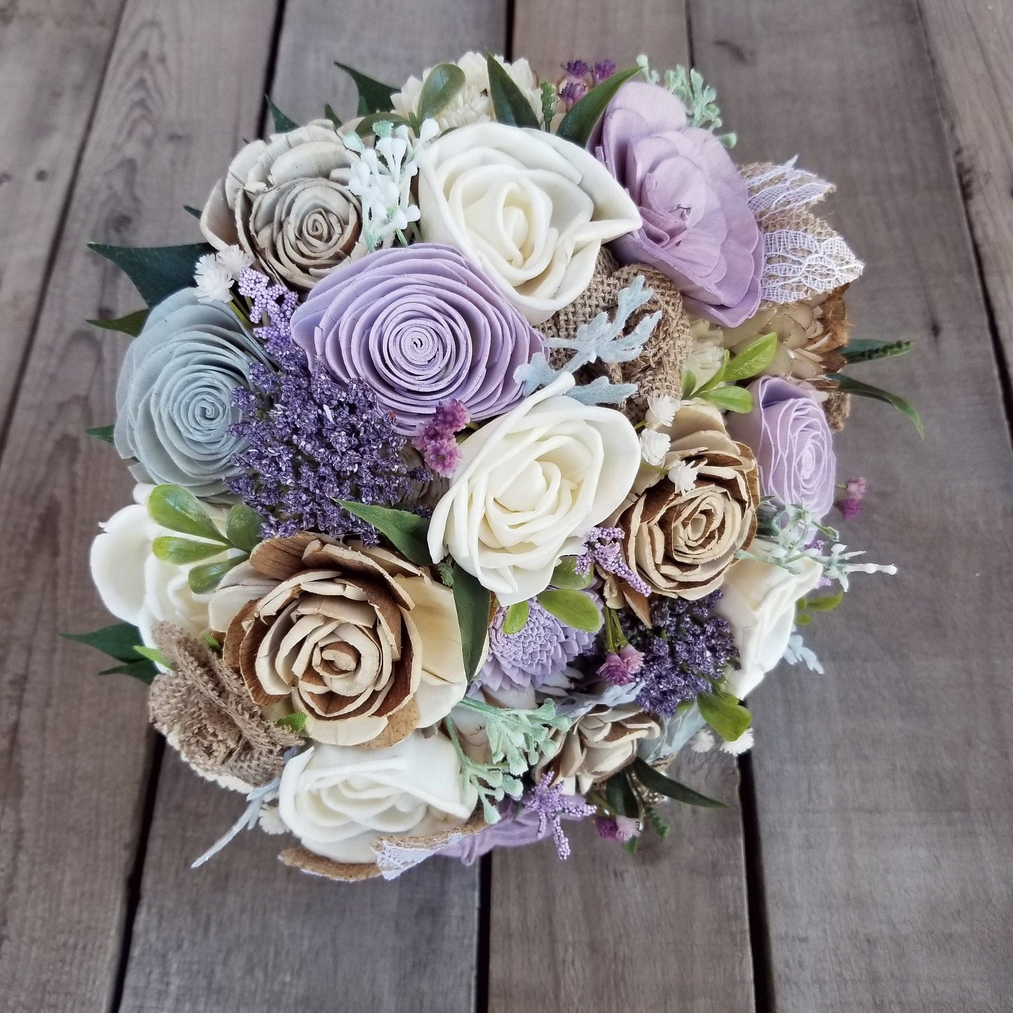 Lavender and Burlap Bridal Bouquet, Rustic Wood Flower Bouquet, Artificial Bridal Bouquet, Wooden Wedding Flowers