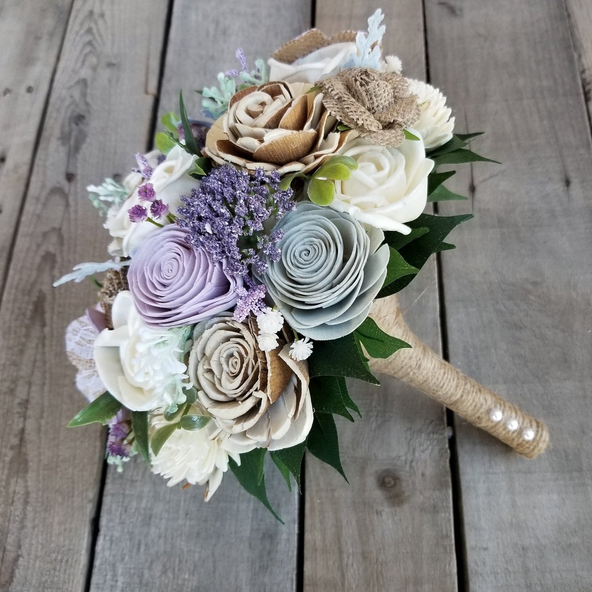 Lavender and Burlap Bridal Bouquet, Rustic Wood Flower Bouquet, Artificial Bridal Bouquet, Wooden Wedding Flowers