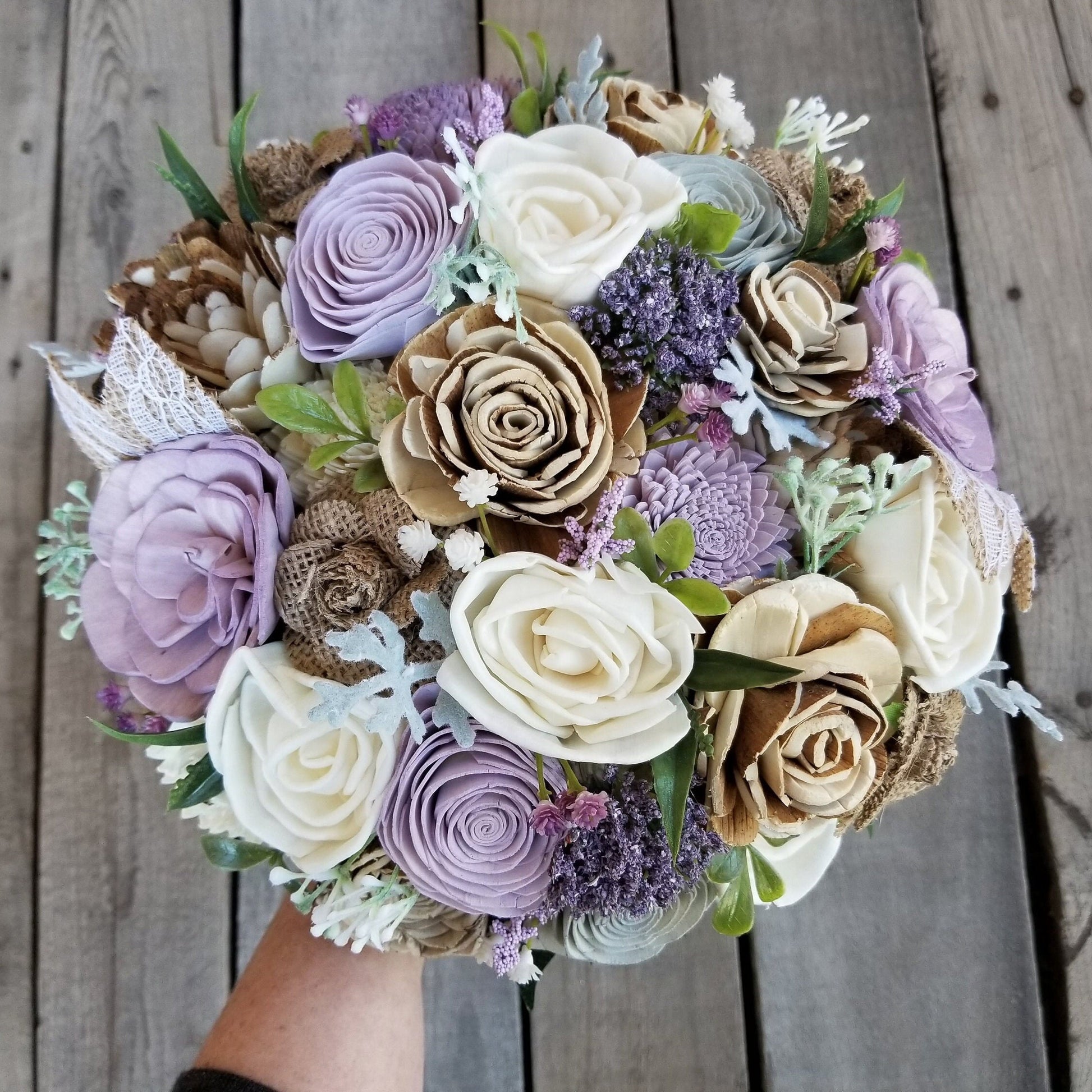 Lavender and Burlap Bridal Bouquet, Rustic Wood Flower Bouquet, Artificial Bridal Bouquet, Wooden Wedding Flowers