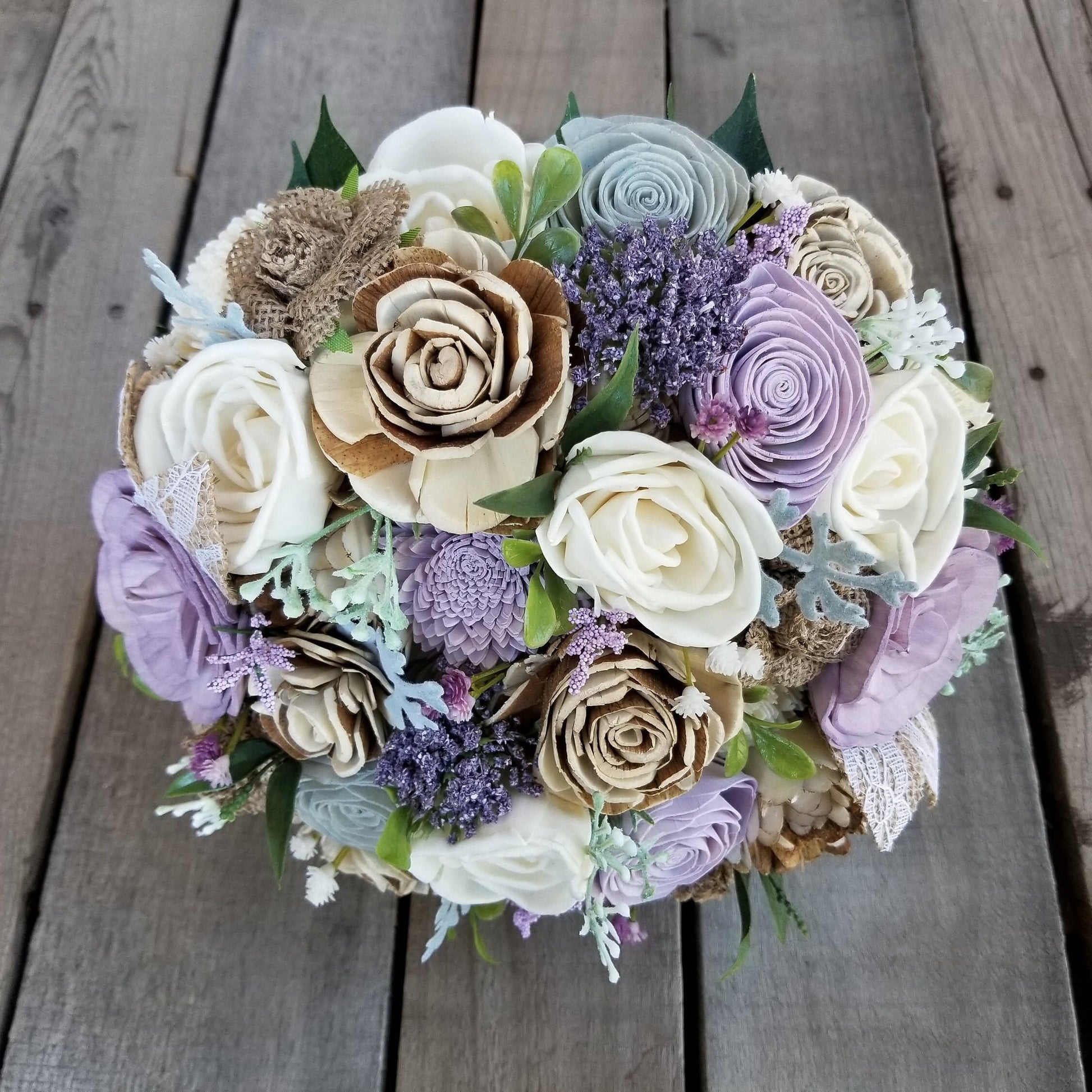 Lavender and Burlap Bridal Bouquet, Rustic Wood Flower Bouquet, Artificial Bridal Bouquet, Wooden Wedding Flowers