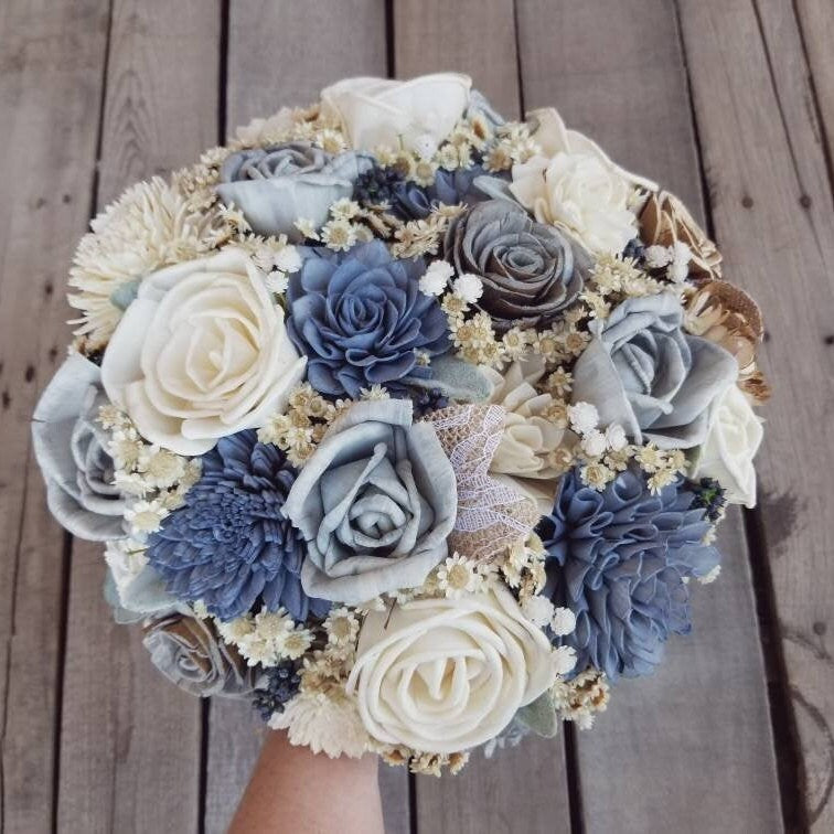 Slate Blue Wood Flower Bridal Bouquet, Dusty Blue Wooden Wedding Bouquet, Rustic Wedding Flowers