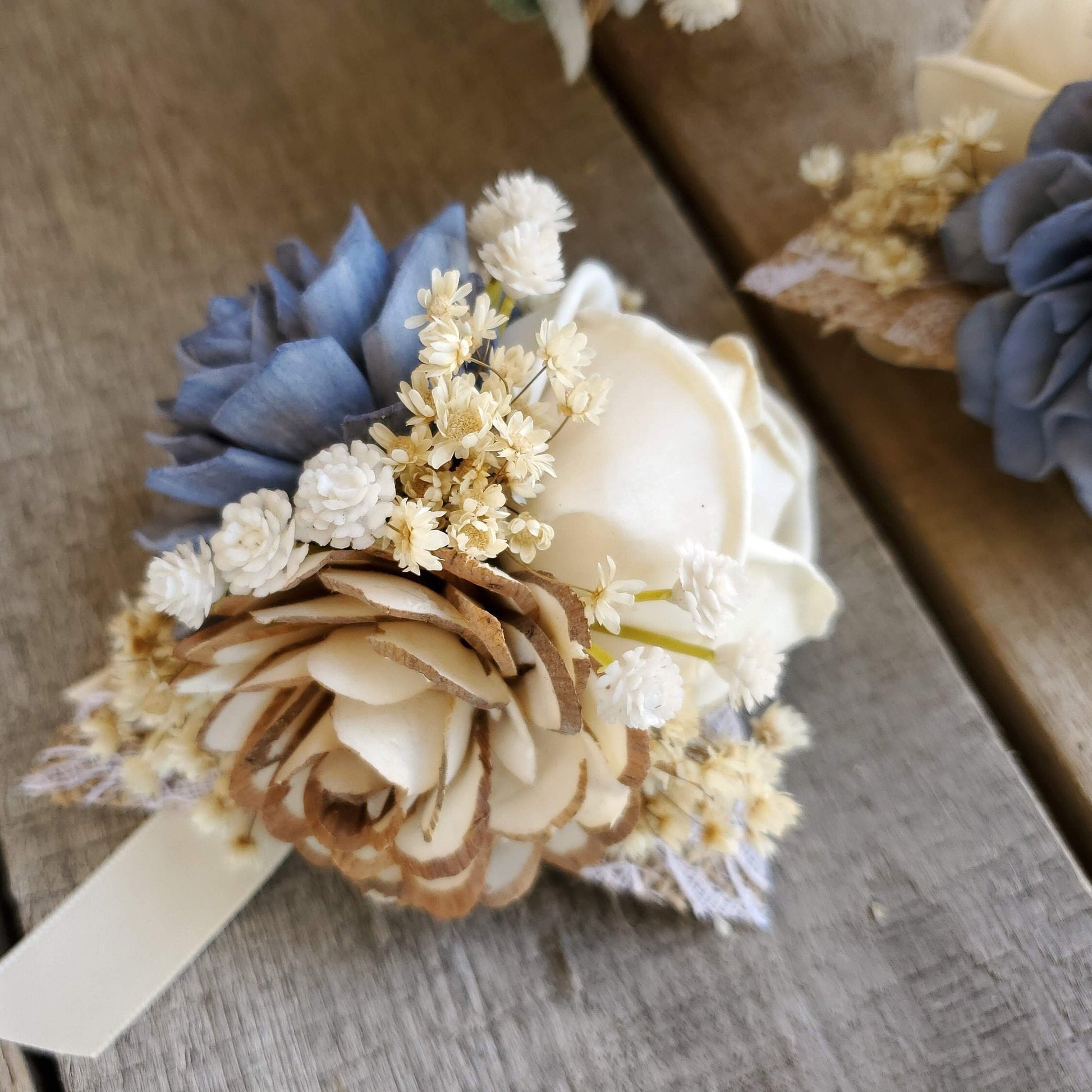 Slate Blue Wood Flower Bridal Bouquet, Dusty Blue Wooden Wedding Bouquet, Rustic Wedding Flowers