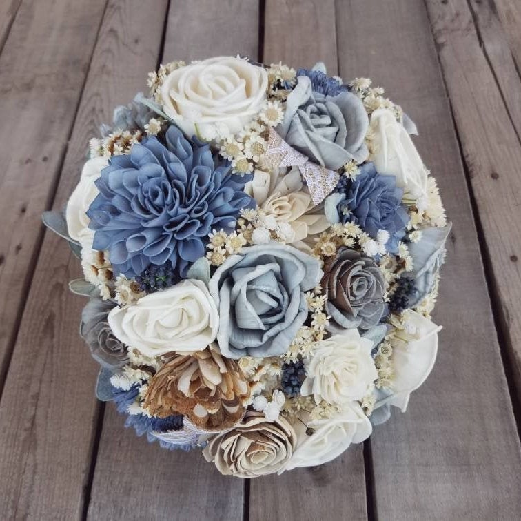 Slate Blue Wood Flower Bridal Bouquet, Dusty Blue Wooden Wedding Bouquet, Rustic Wedding Flowers