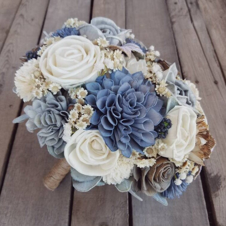 Slate Blue Wood Flower Bridal Bouquet, Dusty Blue Wooden Wedding Bouquet, Rustic Wedding Flowers