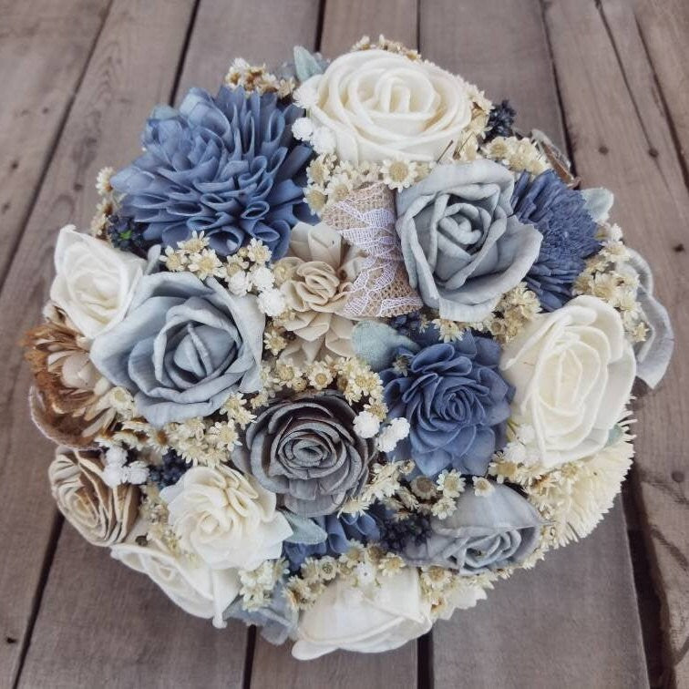 Slate Blue Wood Flower Bridal Bouquet, Dusty Blue Wooden Wedding Bouquet, Rustic Wedding Flowers