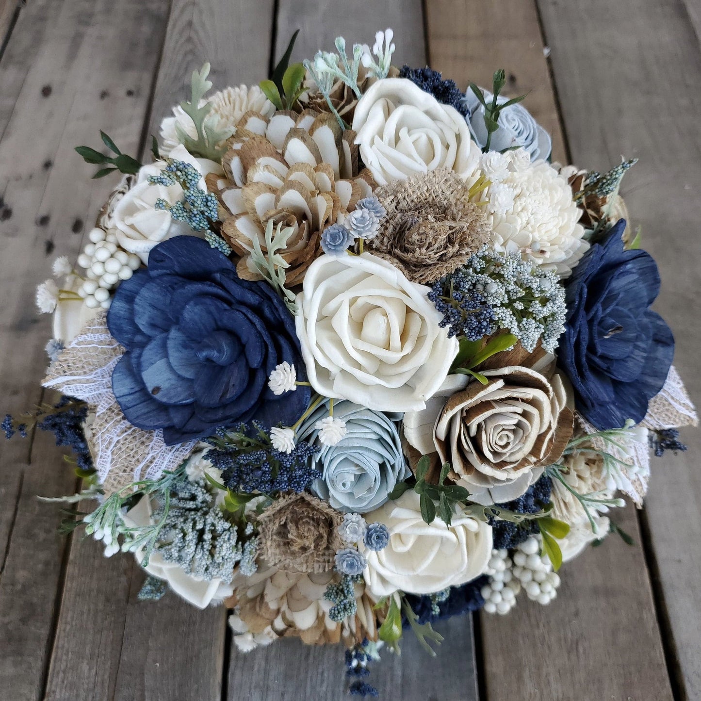 Navy Wood Flower Bouquet, Sola Wood Flowers Bouquet, Wooden Flower Bouquet, Bridal Bouquet, Dusty Blue Wedding Bouquet, Bridal Flowers