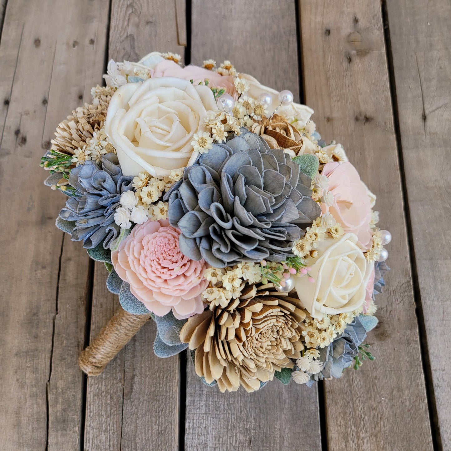 Wood Flower Bride Bouquet, Rustic Wedding Flowers, Bridal Bouquet with Pearls, Wooden Flowers
