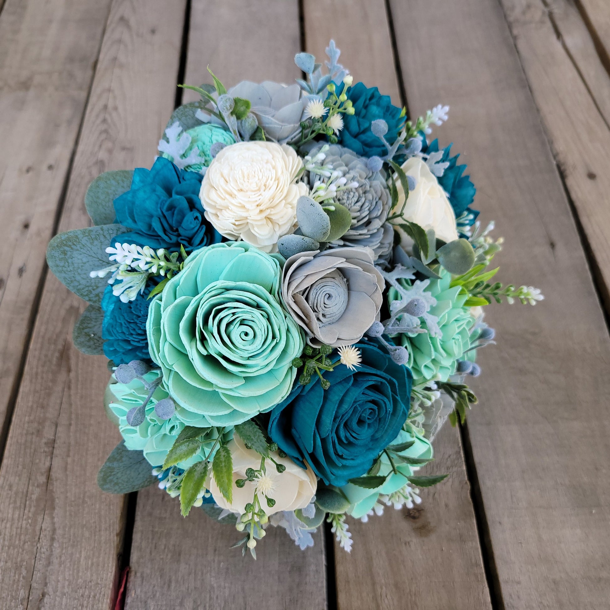Wood Flower Bouquet, Quinceanera Bouquet, Dark Teal Bridal Bouquet, Mint Wooden Flower Bouquet, Wood Wedding Bouquets, Sweet 16 Bouquet