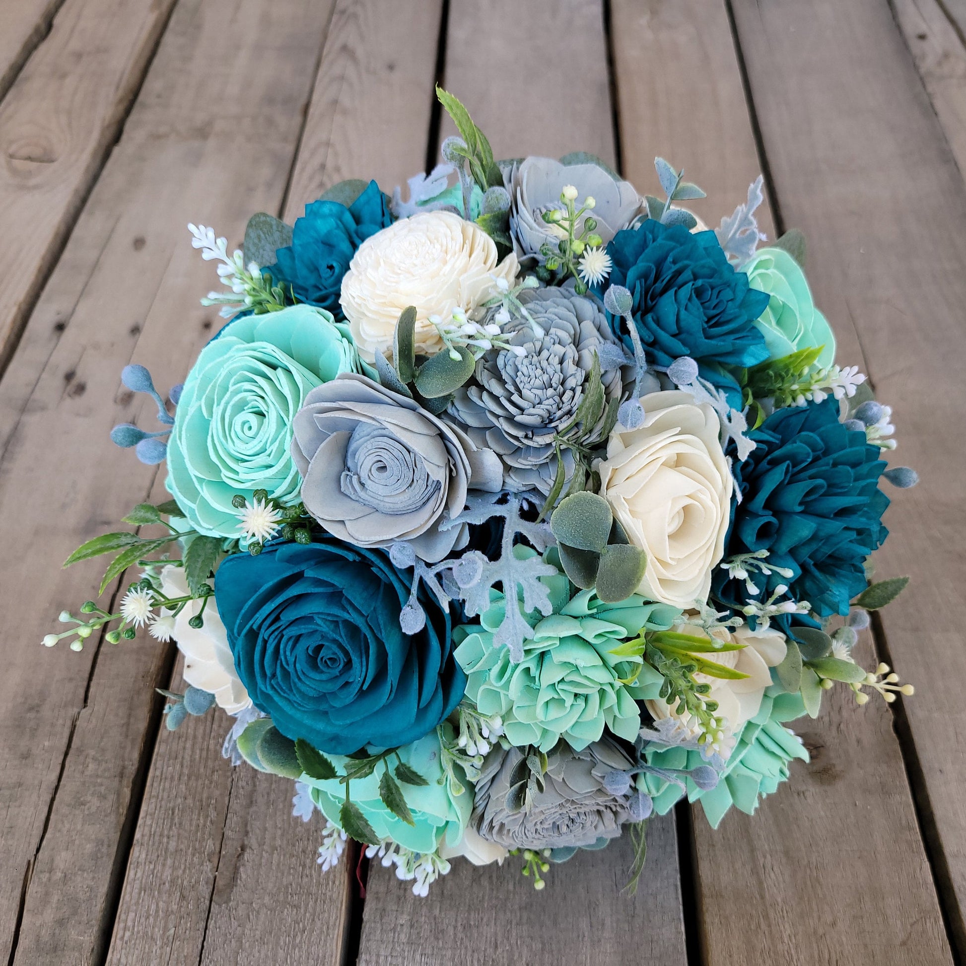 Wood Flower Bouquet, Quinceanera Bouquet, Dark Teal Bridal Bouquet, Mint Wooden Flower Bouquet, Wood Wedding Bouquets, Sweet 16 Bouquet
