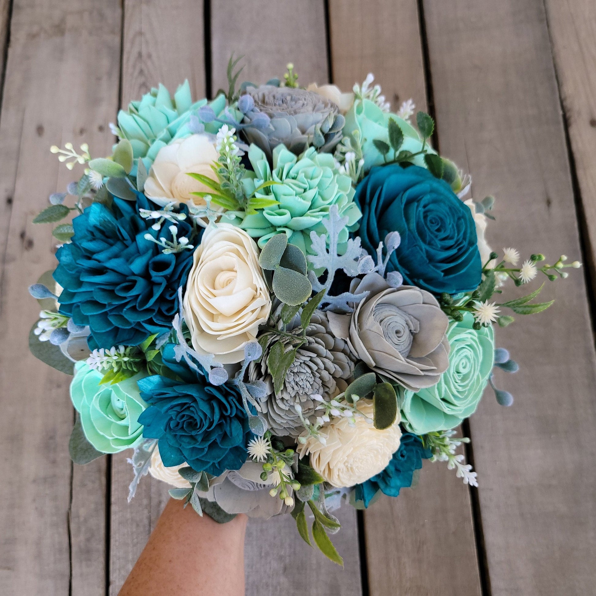 Wood Flower Bouquet, Quinceanera Bouquet, Dark Teal Bridal Bouquet, Mint Wooden Flower Bouquet, Wood Wedding Bouquets, Sweet 16 Bouquet