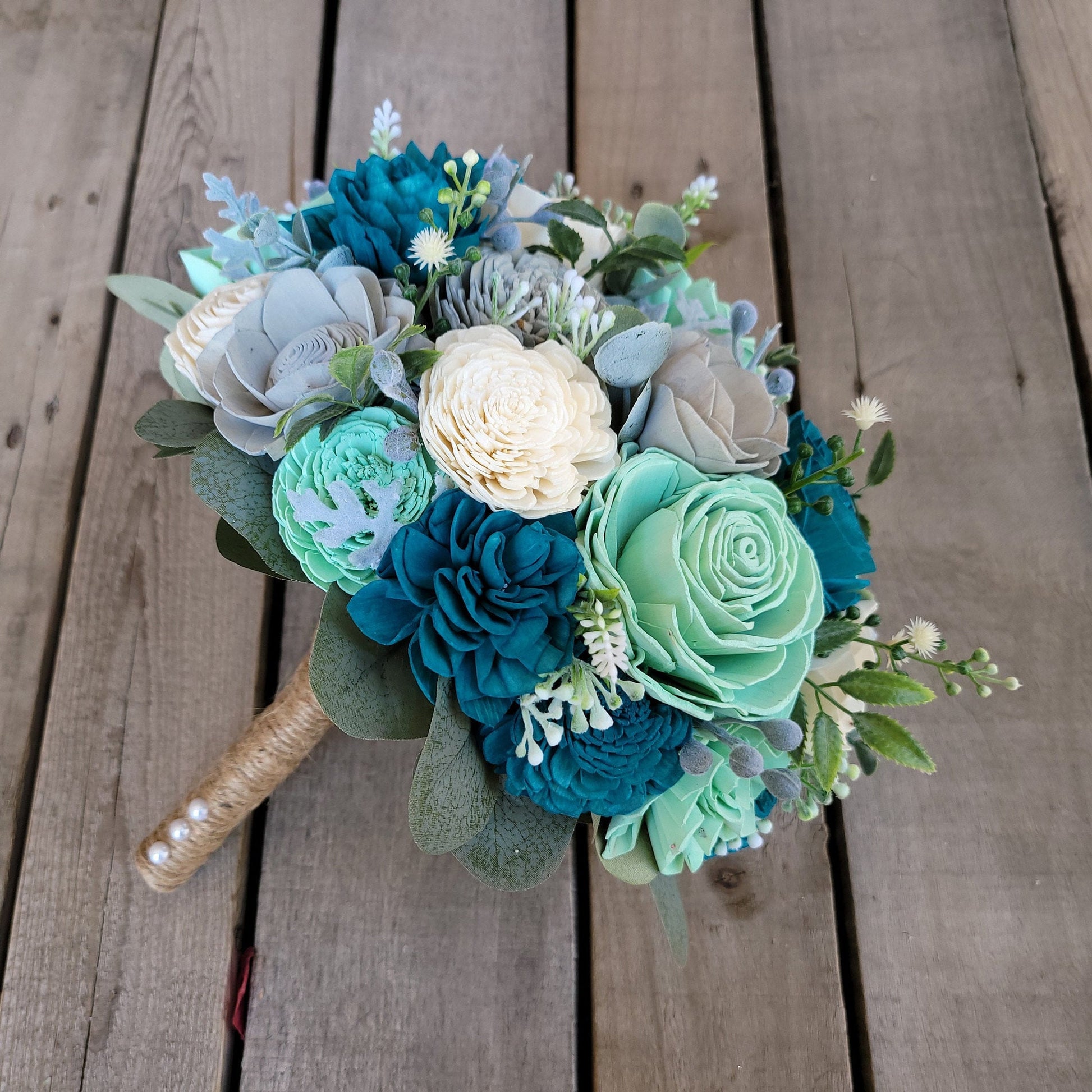 Wood Flower Bouquet, Quinceanera Bouquet, Dark Teal Bridal Bouquet, Mint Wooden Flower Bouquet, Wood Wedding Bouquets, Sweet 16 Bouquet