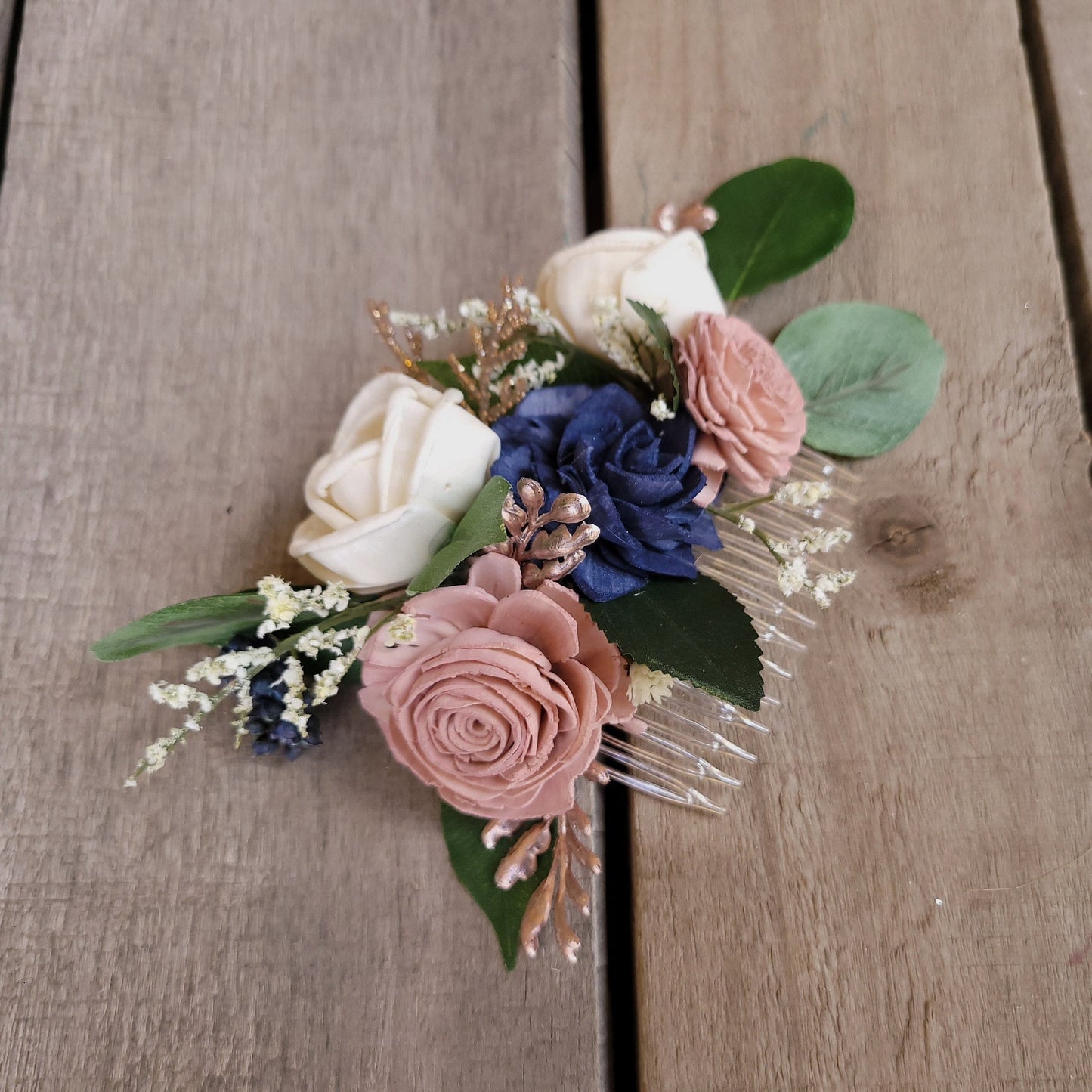 Bridal Hair Comb for Wedding Updo, Sola Wood Flowers Hair Piece, Navy and Blush Wedding Flowers