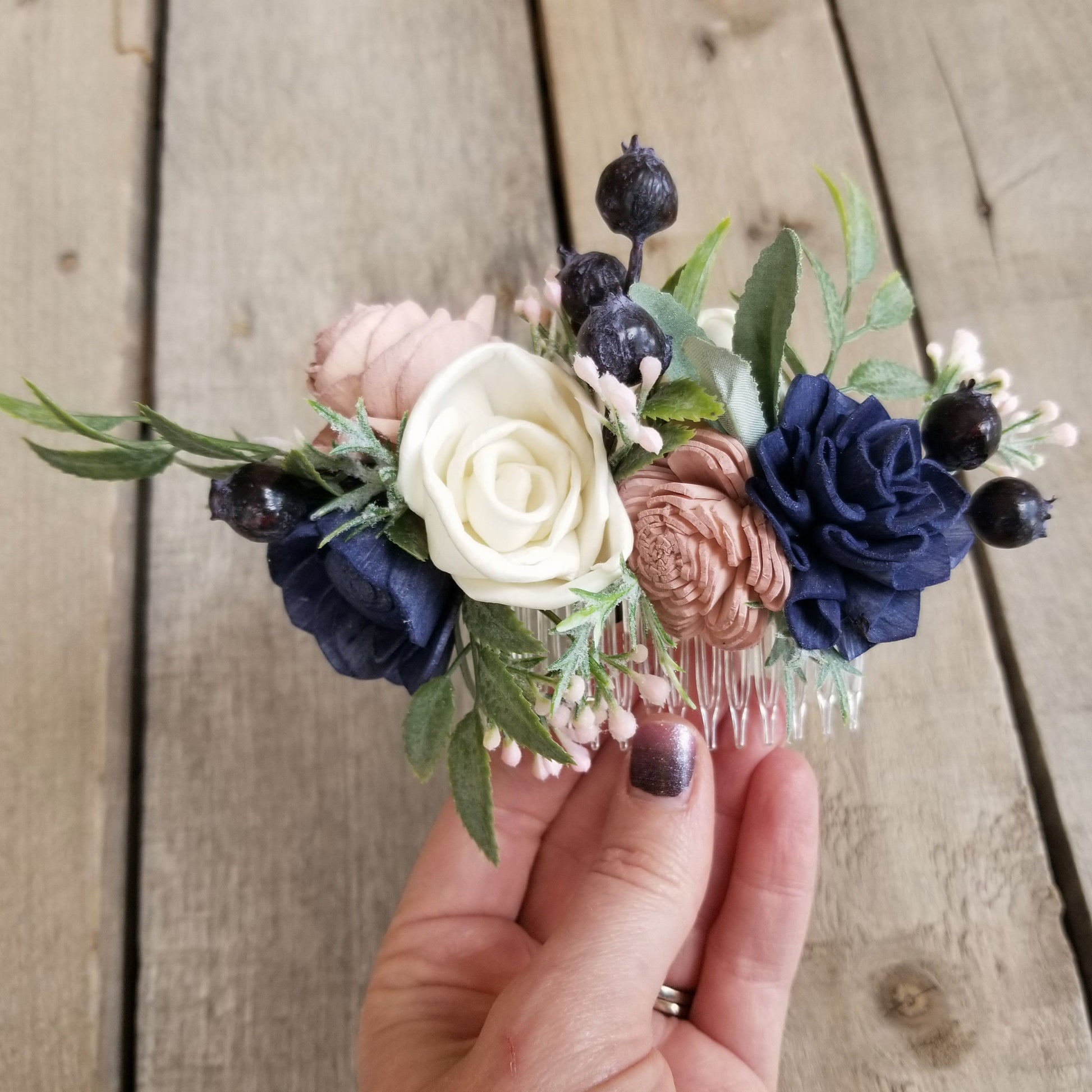 Bridal Hair Comb with Wood Flowers, Navy and Blush Wedding Flowers, Flower Comb for Bride, Bridal Updo Hair Piece