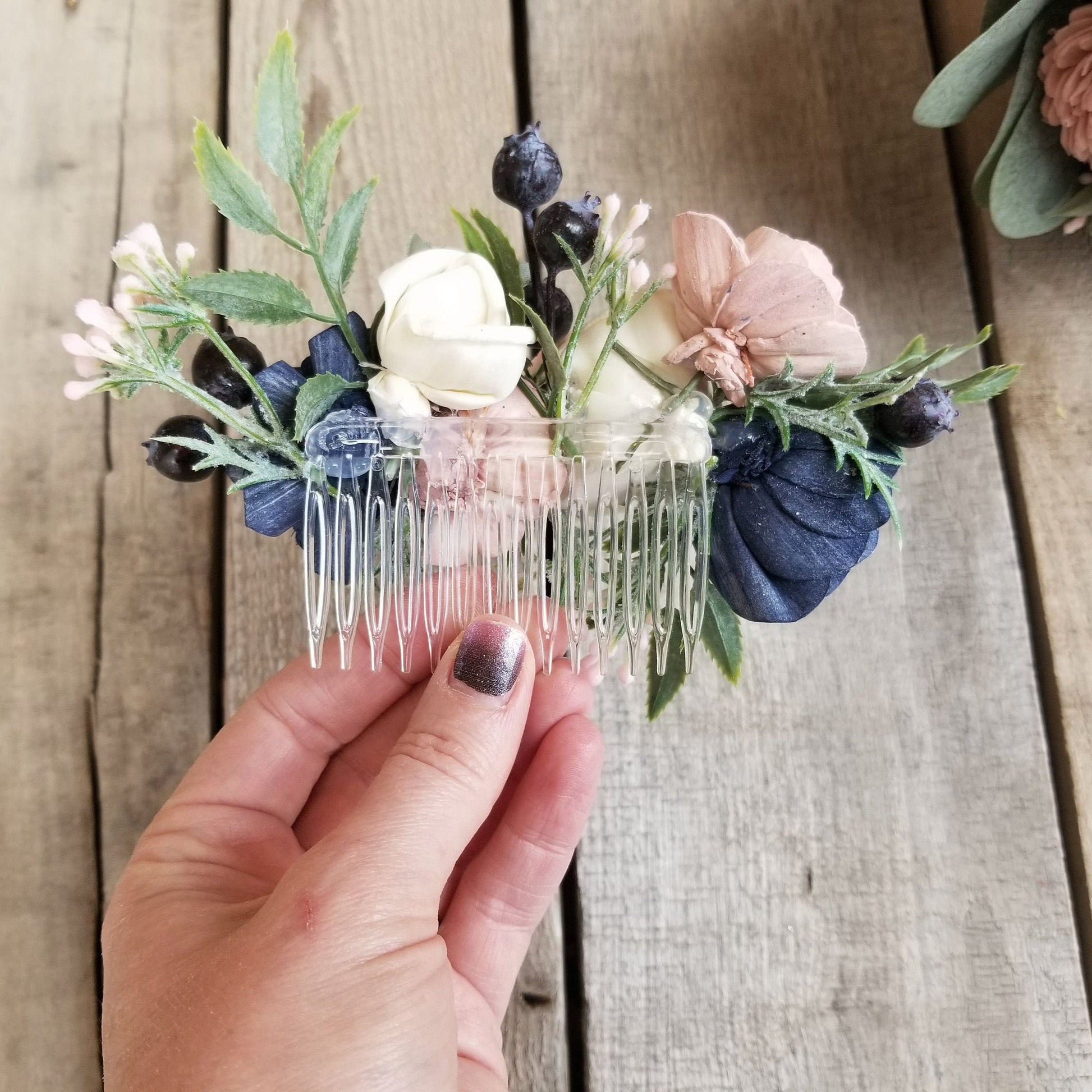Bridal Hair Comb with Wood Flowers, Navy and Blush Wedding Flowers, Flower Comb for Bride, Bridal Updo Hair Piece