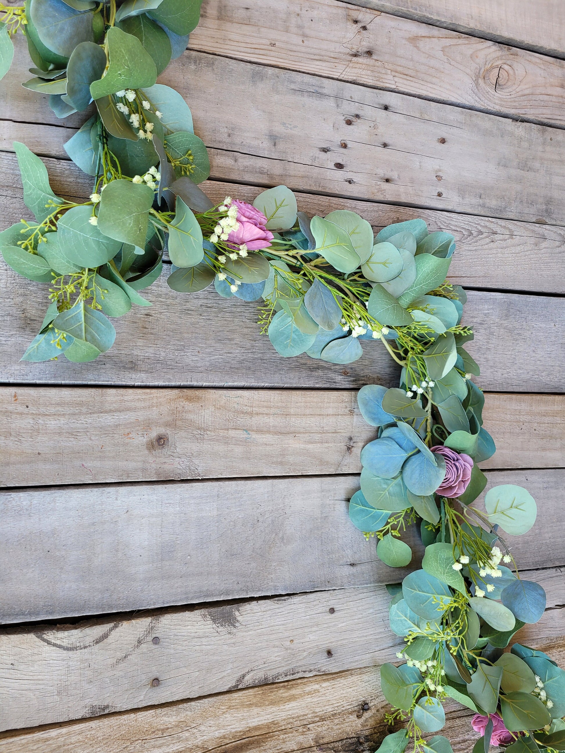 Silver Dollar Eucalyptus Table Garland with Wood Flowers and Baby's Breath, Faux Garland, Wedding Reception Decor, Table Runner