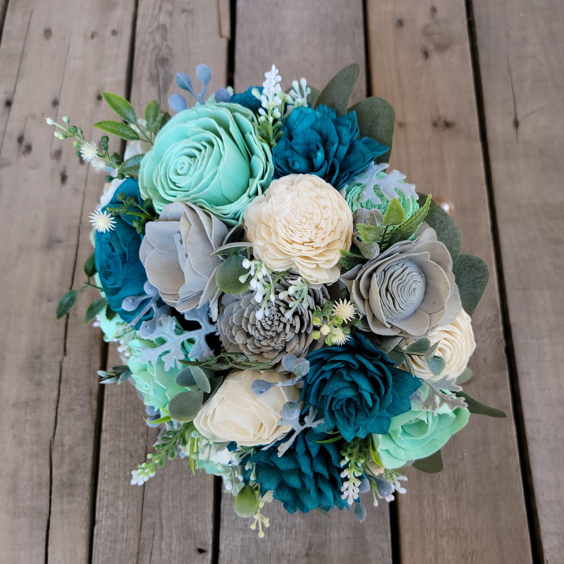Wood Flower Bouquet, Quinceanera Bouquet, Dark Teal Bridal Bouquet, Mint Wooden Flower Bouquet, Wood Wedding Bouquets, Sweet 16 Bouquet