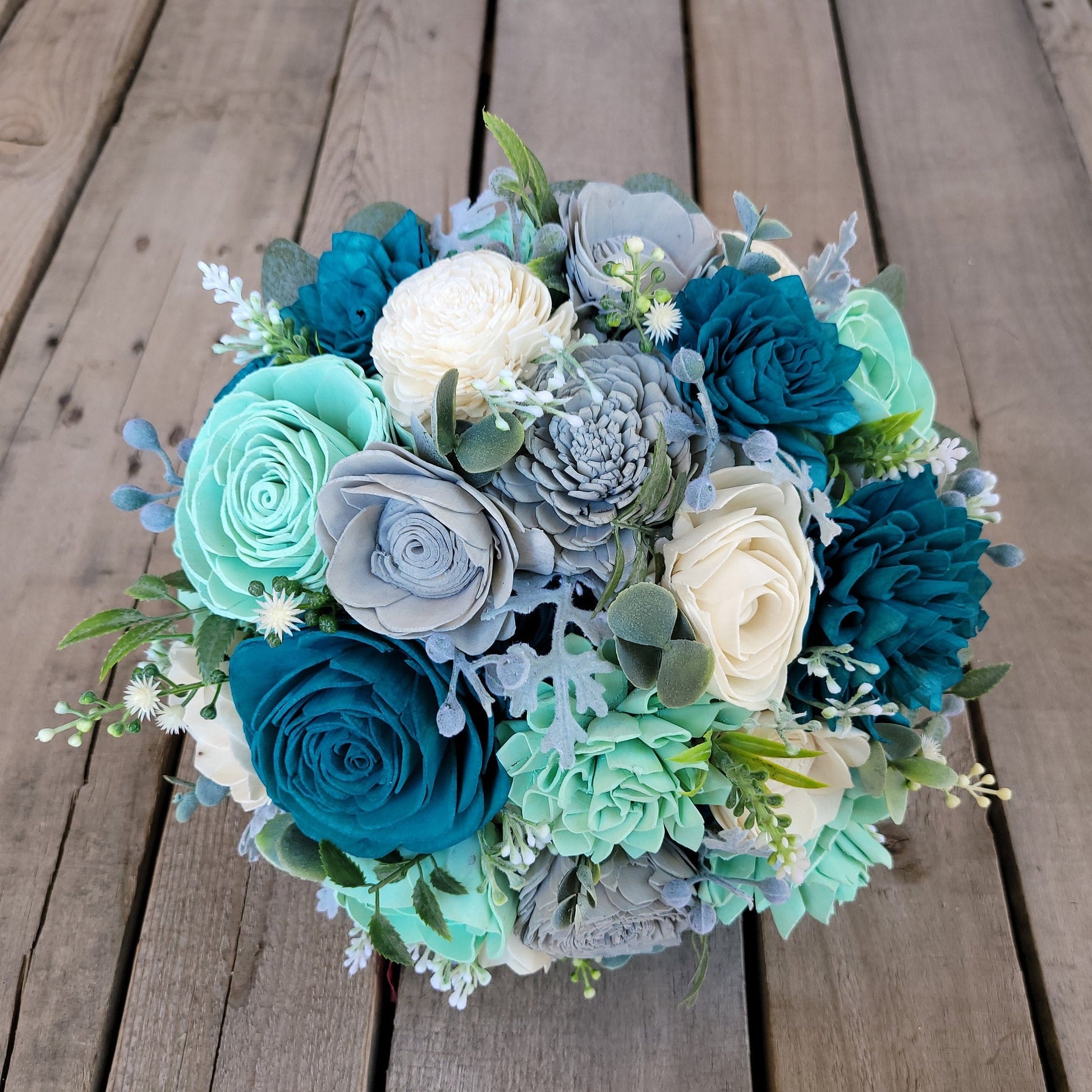 Wood Flower Bouquet, Quinceanera Bouquet, Dark Teal Bridal Bouquet, Mint Wooden Flower Bouquet, Wood Wedding Bouquets, Sweet 16 Bouquet