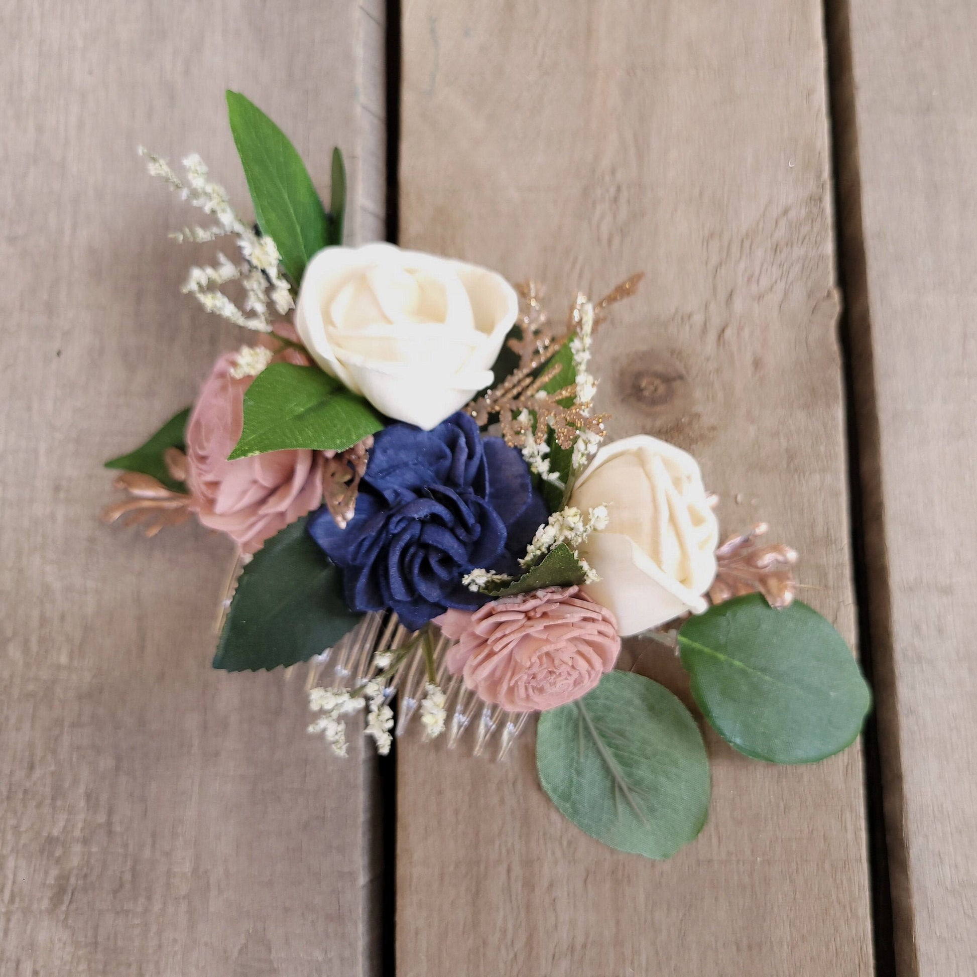 Bridal Hair Comb for Wedding Updo, Sola Wood Flowers Hair Piece, Navy and Blush Wedding Flowers