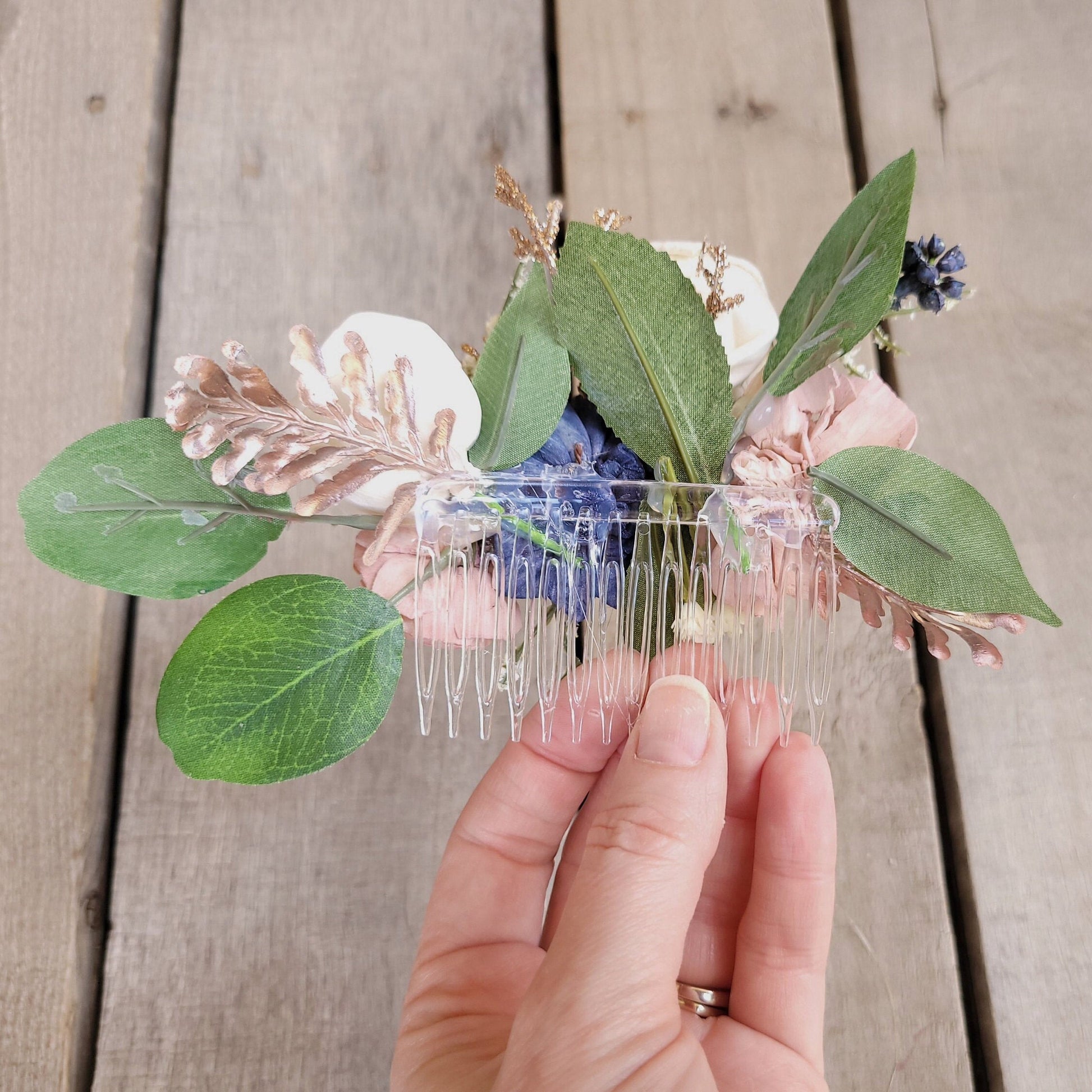 Bridal Hair Comb for Wedding Updo, Sola Wood Flowers Hair Piece, Navy and Blush Wedding Flowers