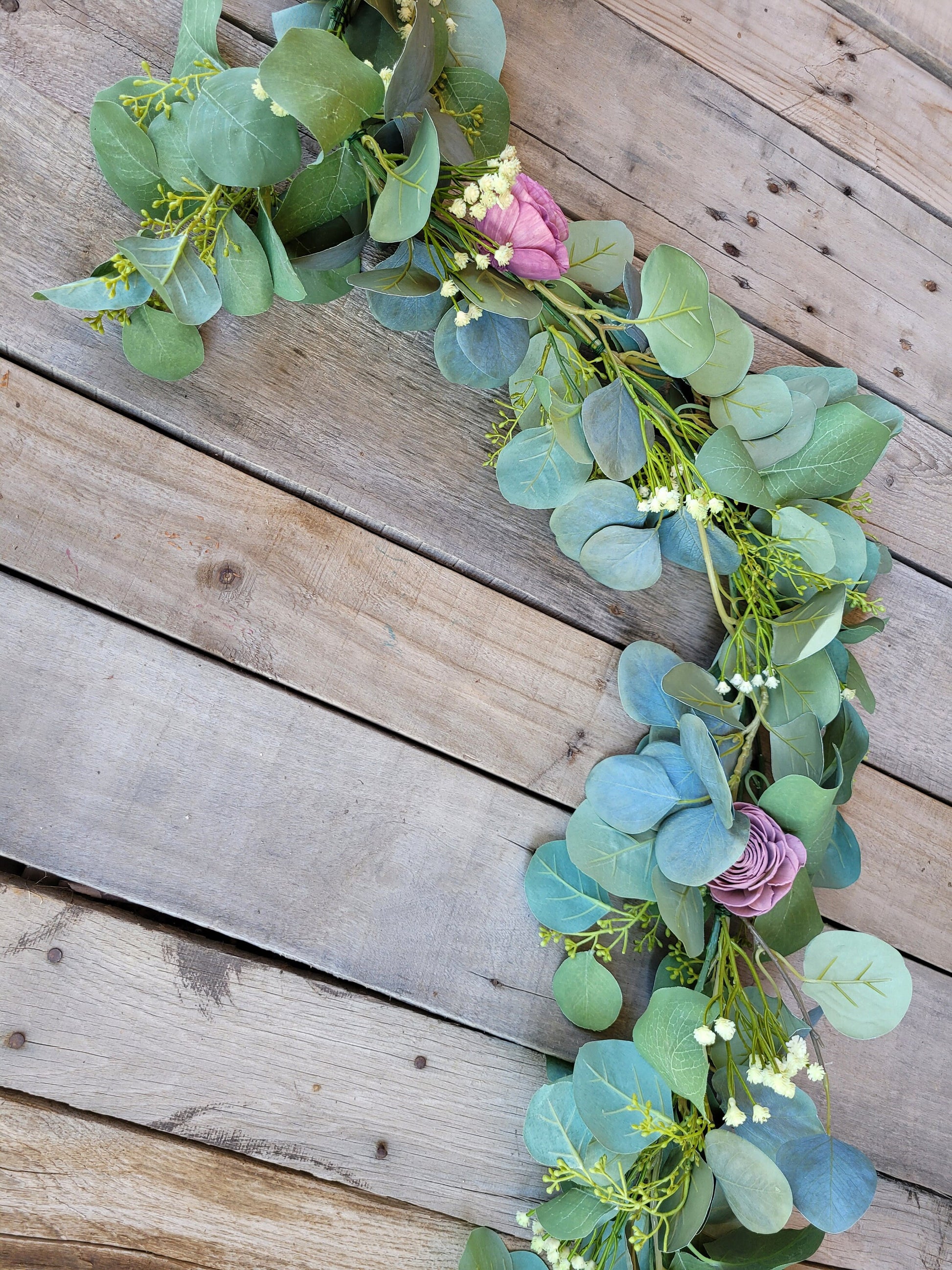 Silver Dollar Eucalyptus Table Garland with Wood Flowers and Baby's Breath, Faux Garland, Wedding Reception Decor, Table Runner