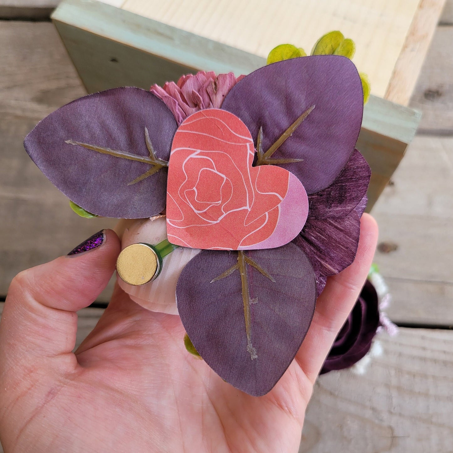 Wood Flower Wrist Corsage with Purple Eucalyptus Leaves, Boxwood, Baby's Breath, Color Options Available, Pinned Corsage, Wristlet