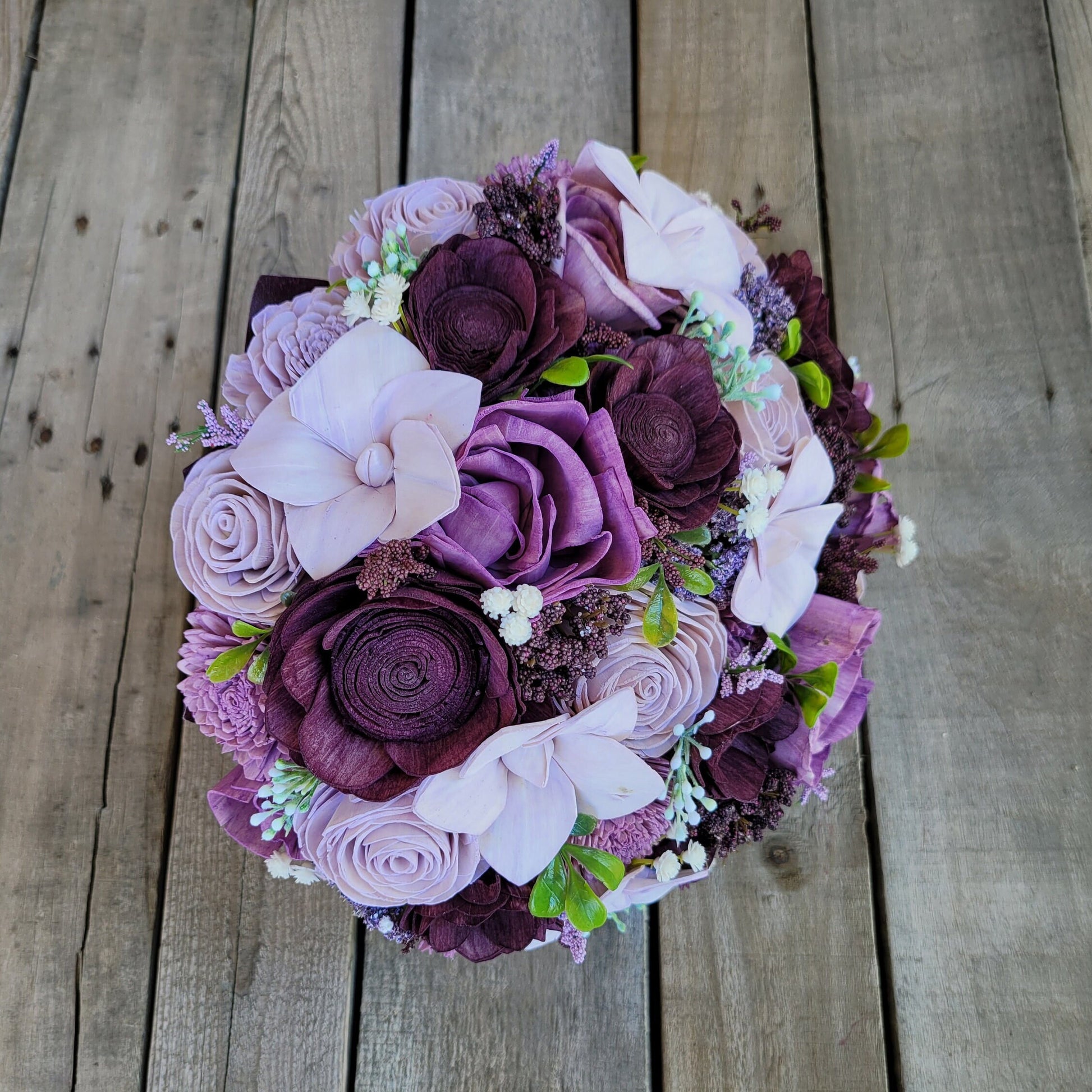 Wood Flower Bouquet, Lavender Bridal Bouquet, Plum Wedding Bouquet, Lilac Wooden Flower Bouquet, Sola Wood Flowers, Fake Flower Bouquet