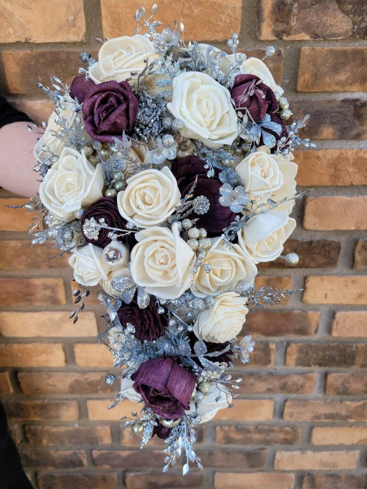 Silver Wood Flower Brooch Bouquet, Bling Wedding Bouquet, Bridal Brooch Bouquet, Wooden Bridal Bouquet