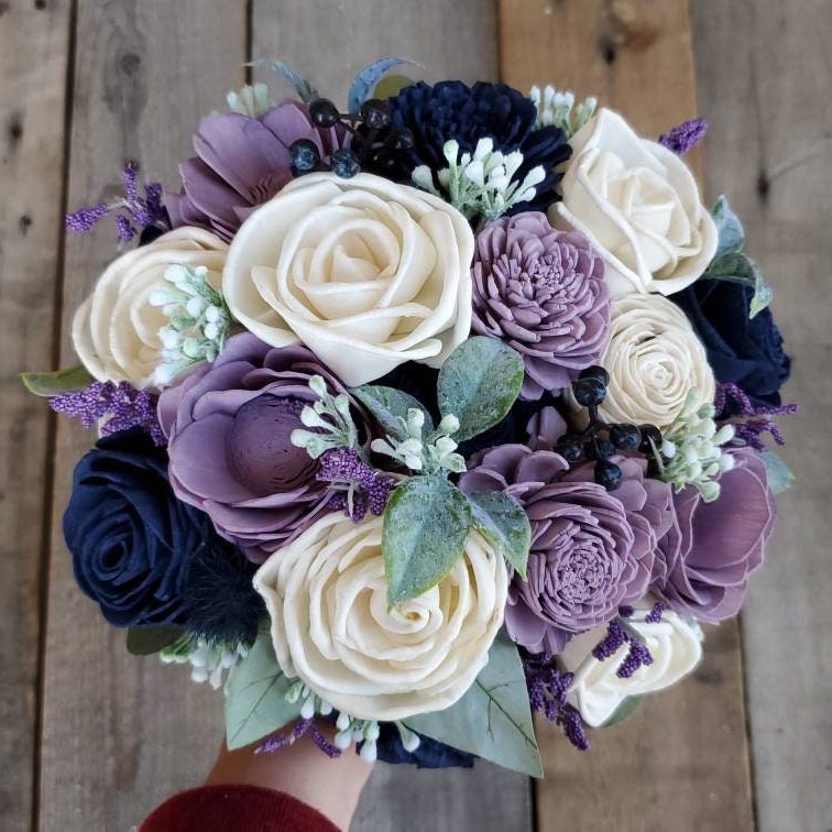 Lavender and Navy Wedding Bouquet, Sola Wood Flower Bouquet, Artificial Flower Bouquet, Wedding Decor