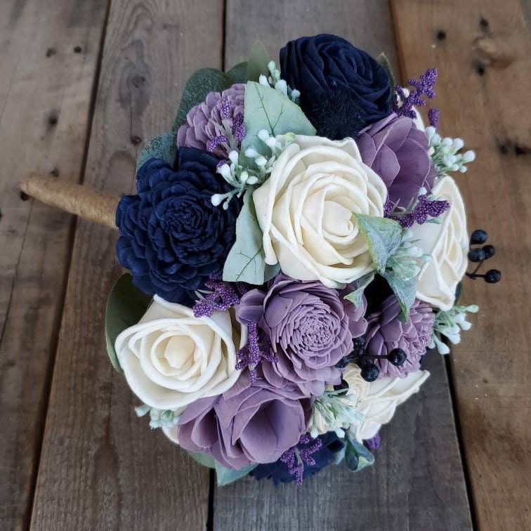 Lavender and Navy Wedding Bouquet, Sola Wood Flower Bouquet, Artificial Flower Bouquet, Wedding Decor